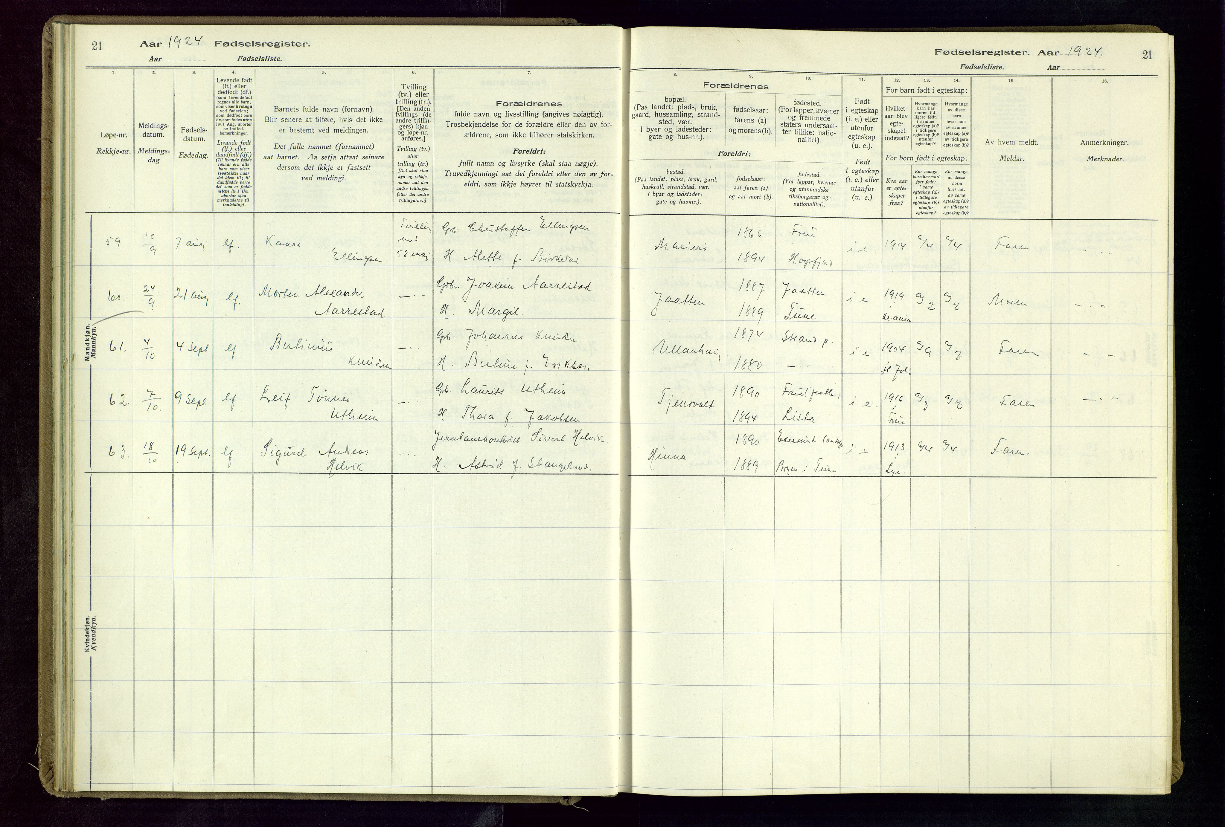 Hetland sokneprestkontor, AV/SAST-A-101826/70/704BA/L0004: Fødselsregister nr. 4, 1923-1937, s. 21