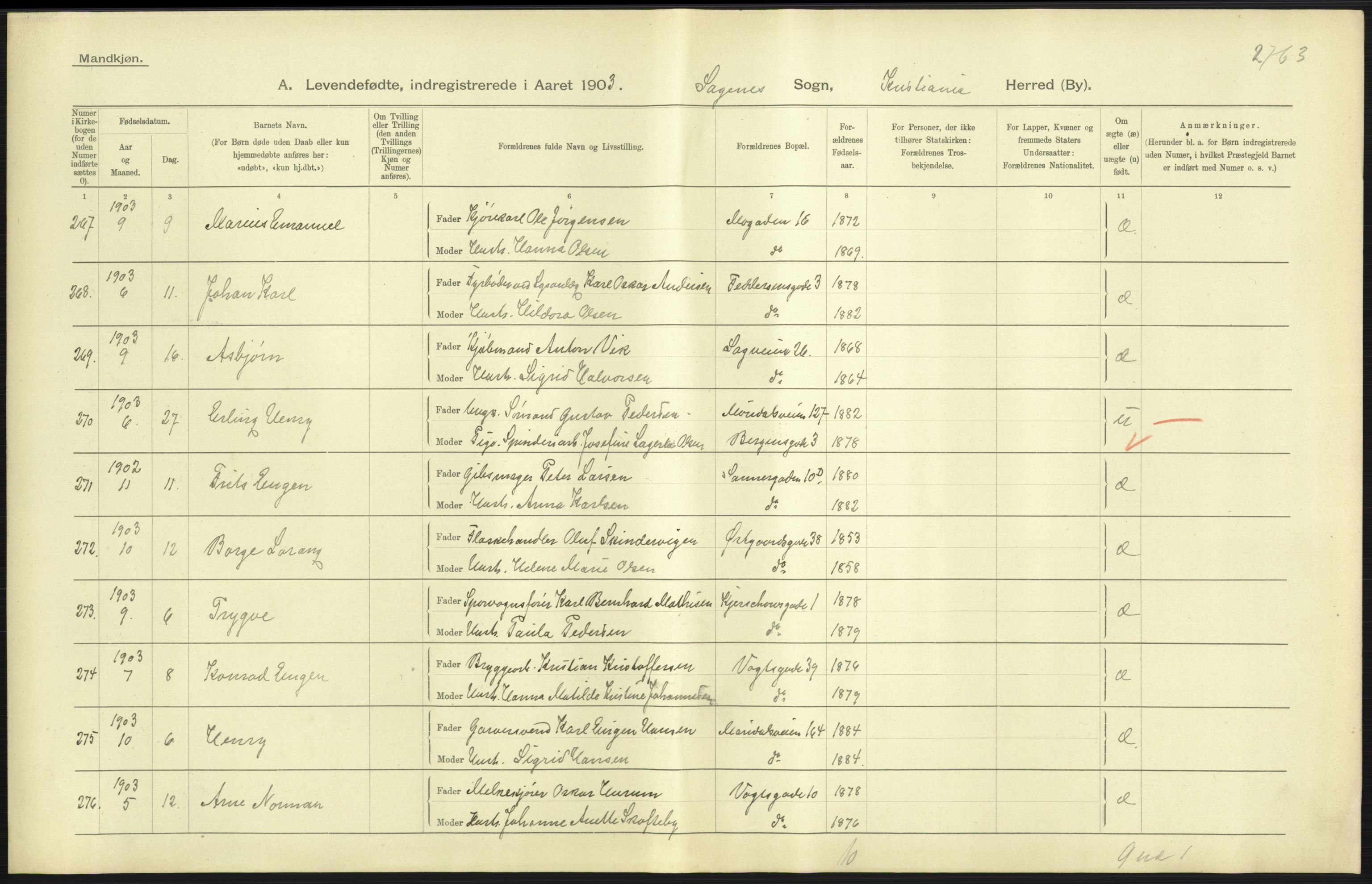 Statistisk sentralbyrå, Sosiodemografiske emner, Befolkning, AV/RA-S-2228/D/Df/Dfa/Dfaa/L0003: Kristiania: Fødte, 1903, s. 143