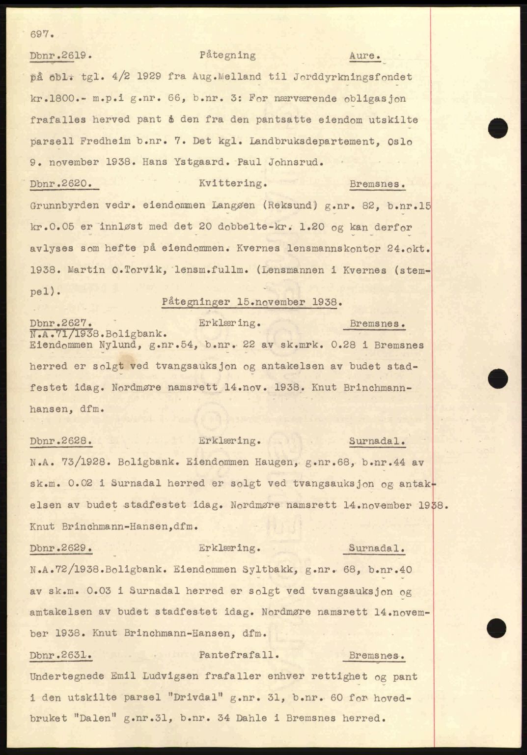 Nordmøre sorenskriveri, SAT/A-4132/1/2/2Ca: Pantebok nr. C80, 1936-1939, Dagboknr: 2619/1938