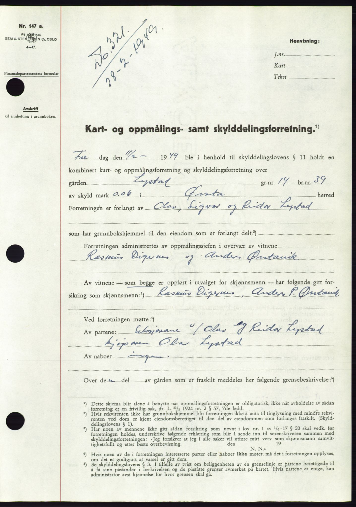 Søre Sunnmøre sorenskriveri, SAT/A-4122/1/2/2C/L0084: Pantebok nr. 10A, 1949-1949, Dagboknr: 321/1949