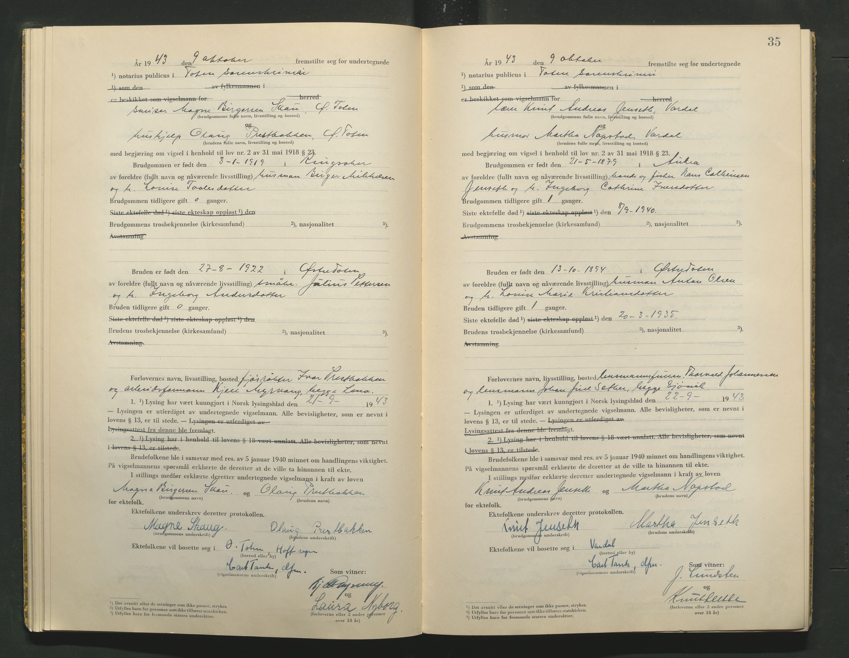 Toten tingrett, AV/SAH-TING-006/L/Lc/L0003: Vigselbok, 1943-1944, s. 35
