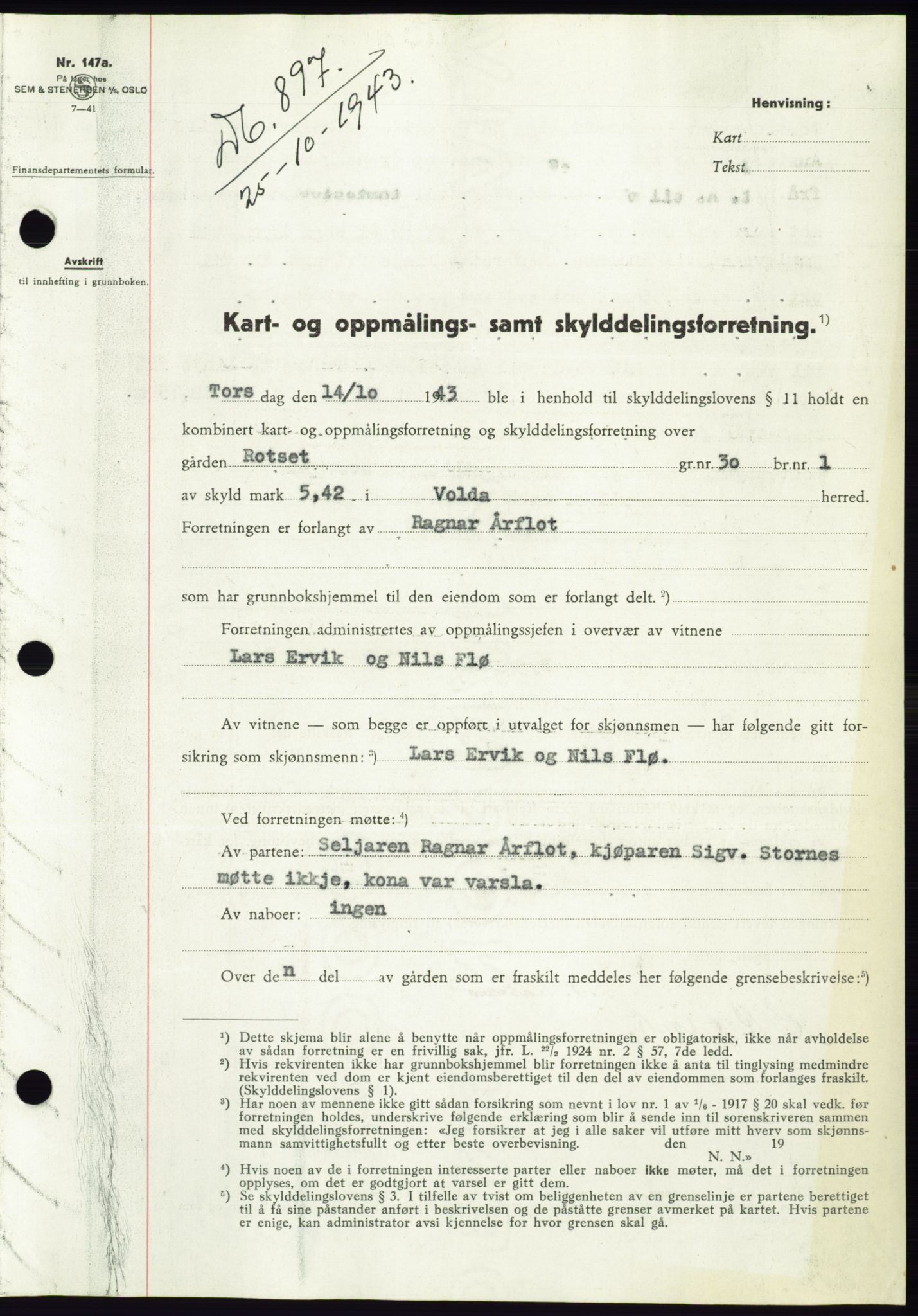 Søre Sunnmøre sorenskriveri, SAT/A-4122/1/2/2C/L0075: Pantebok nr. 1A, 1943-1943, Dagboknr: 897/1943