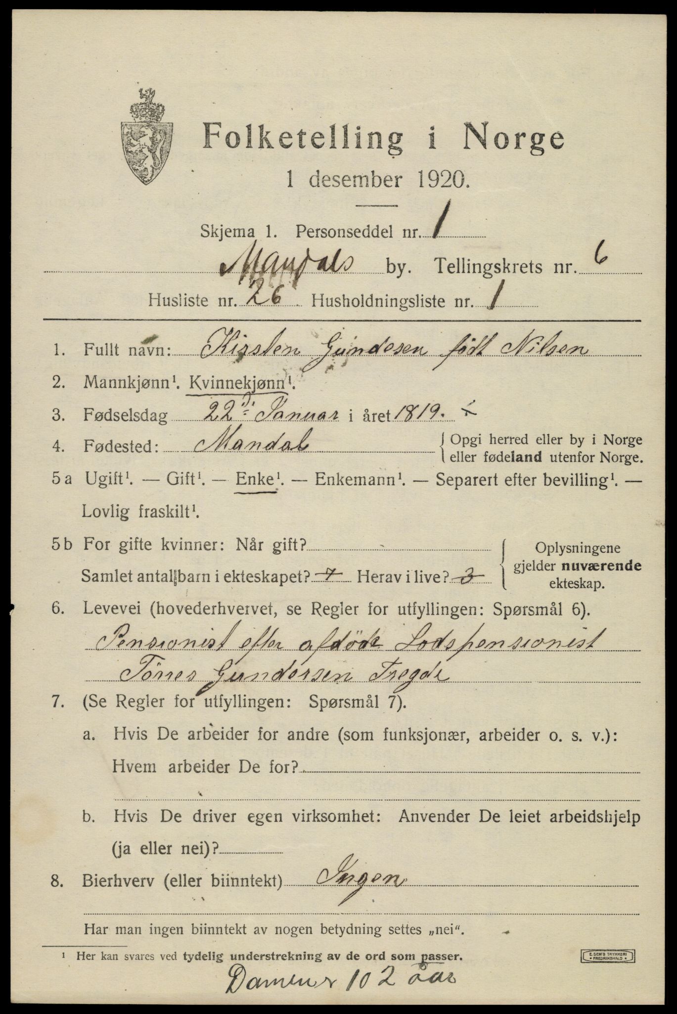 SAK, Folketelling 1920 for 1002 Mandal ladested, 1920, s. 9379