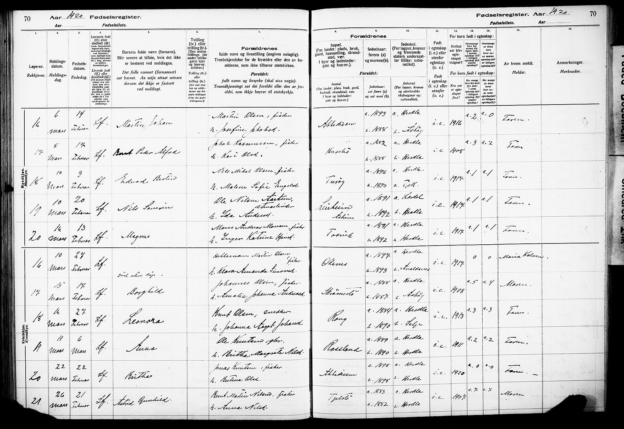 Herdla Sokneprestembete, AV/SAB-A-75701/I/Id/L00A1: Fødselsregister nr. A 1, 1916-1929, s. 70