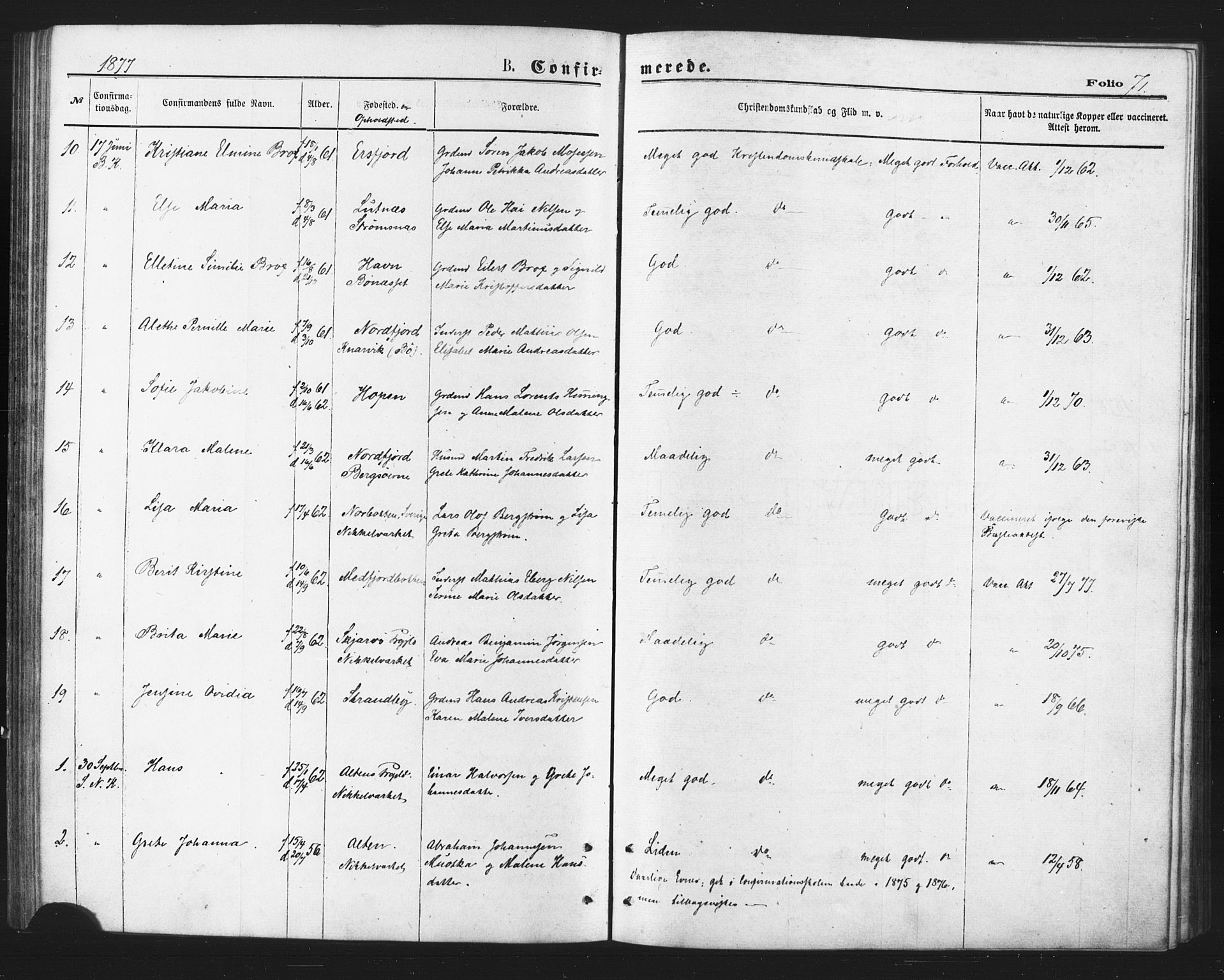 Berg sokneprestkontor, SATØ/S-1318/G/Ga/Gaa/L0003kirke: Ministerialbok nr. 3, 1872-1879, s. 71