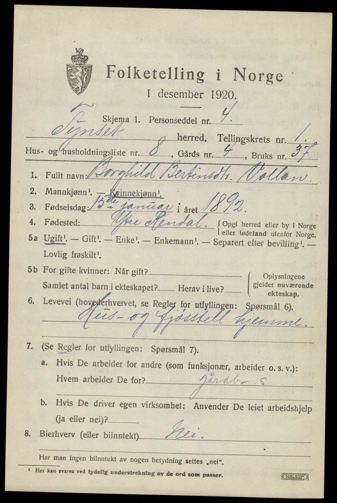 SAH, Folketelling 1920 for 0437 Tynset herred, 1920, s. 1610