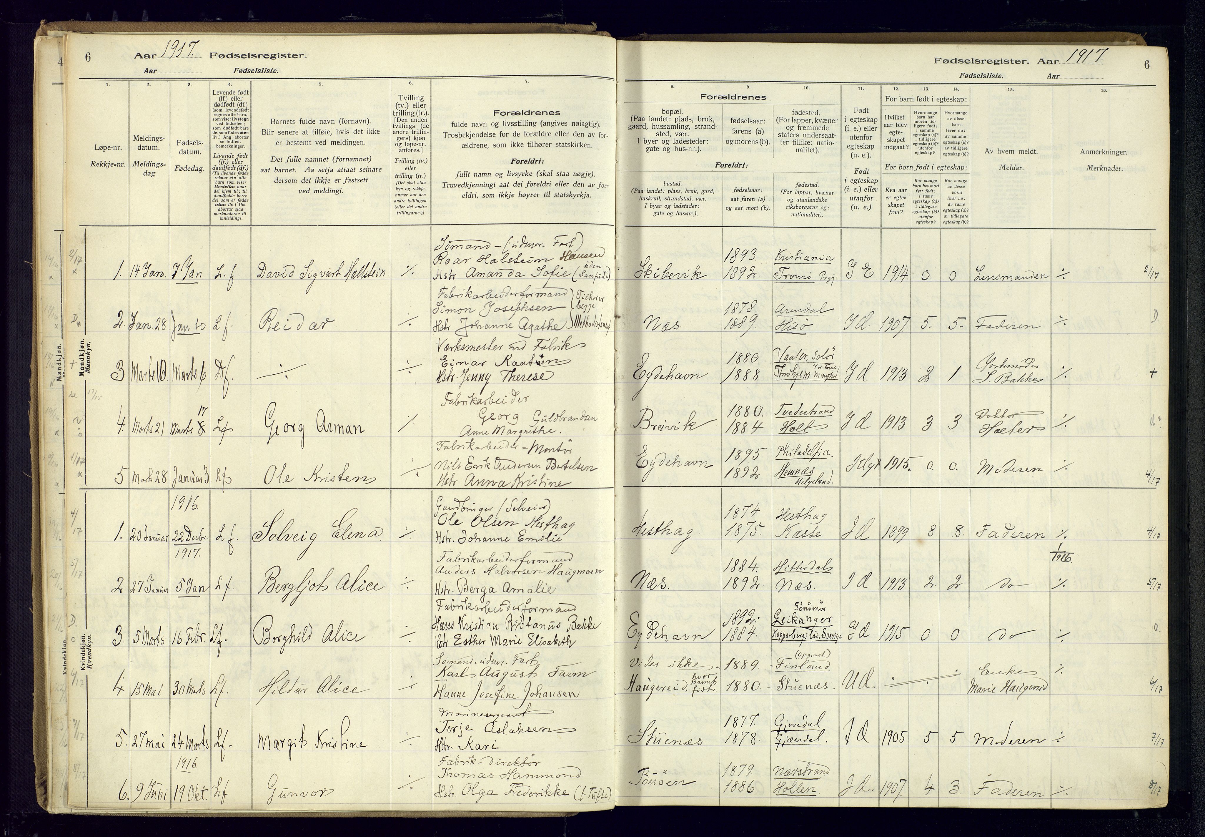 Austre Moland sokneprestkontor, AV/SAK-1111-0001/J/Ja/L0003: Fødselsregister nr. A-VI-27, 1916-1950, s. 6