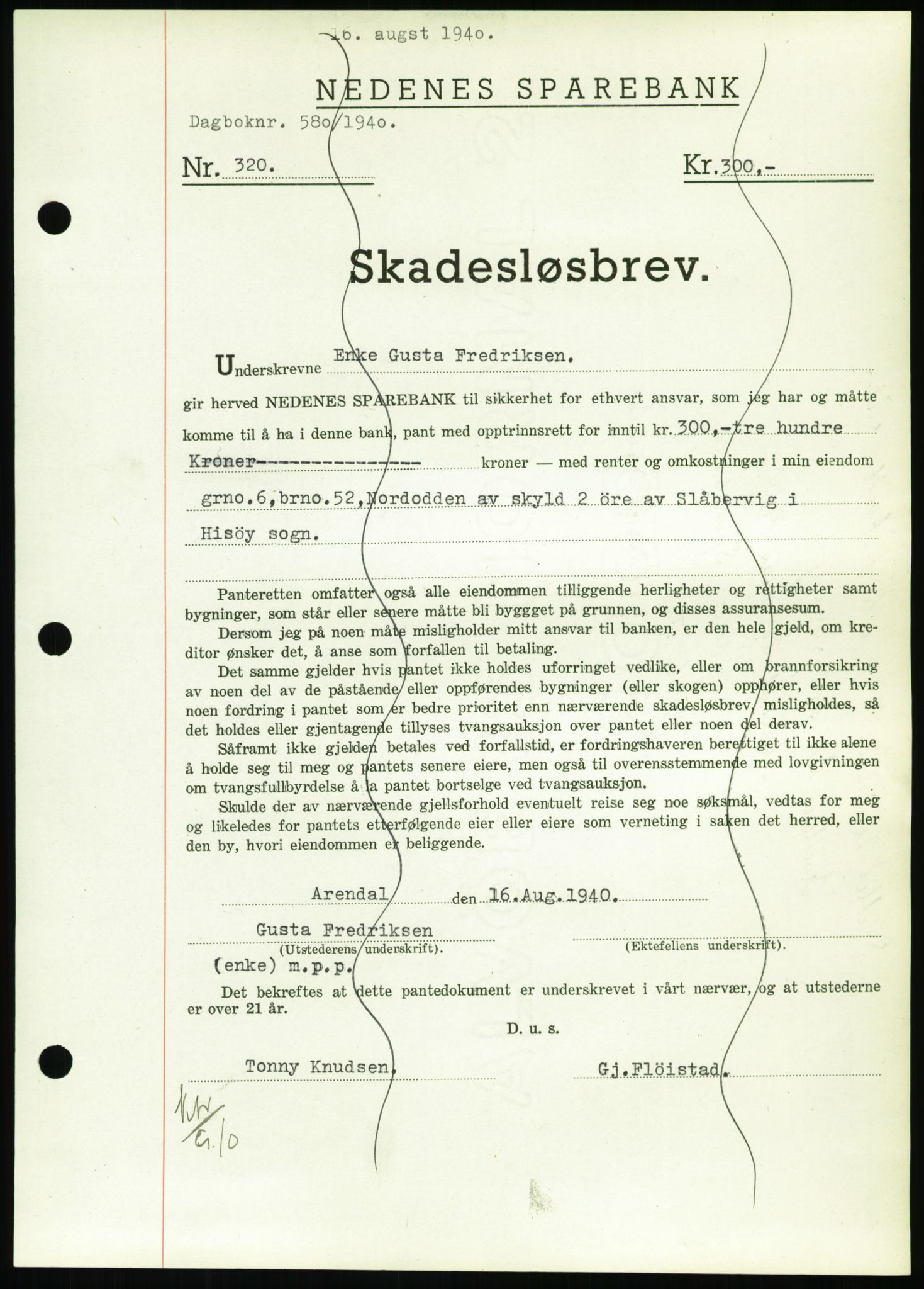 Nedenes sorenskriveri, SAK/1221-0006/G/Gb/Gbb/L0001: Pantebok nr. I, 1939-1942, Dagboknr: 580/1940