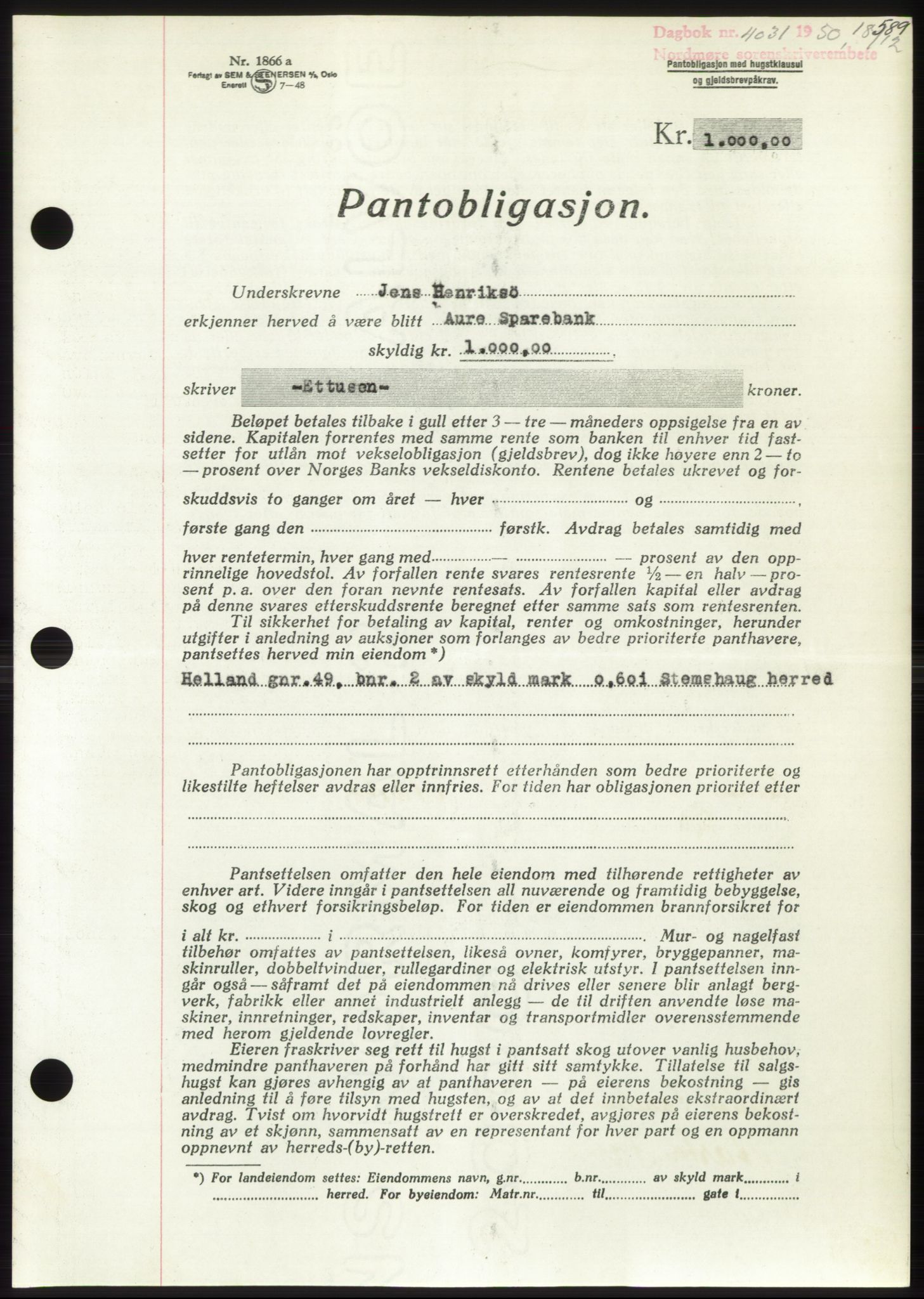 Nordmøre sorenskriveri, SAT/A-4132/1/2/2Ca: Pantebok nr. B106, 1950-1950, Dagboknr: 4031/1950