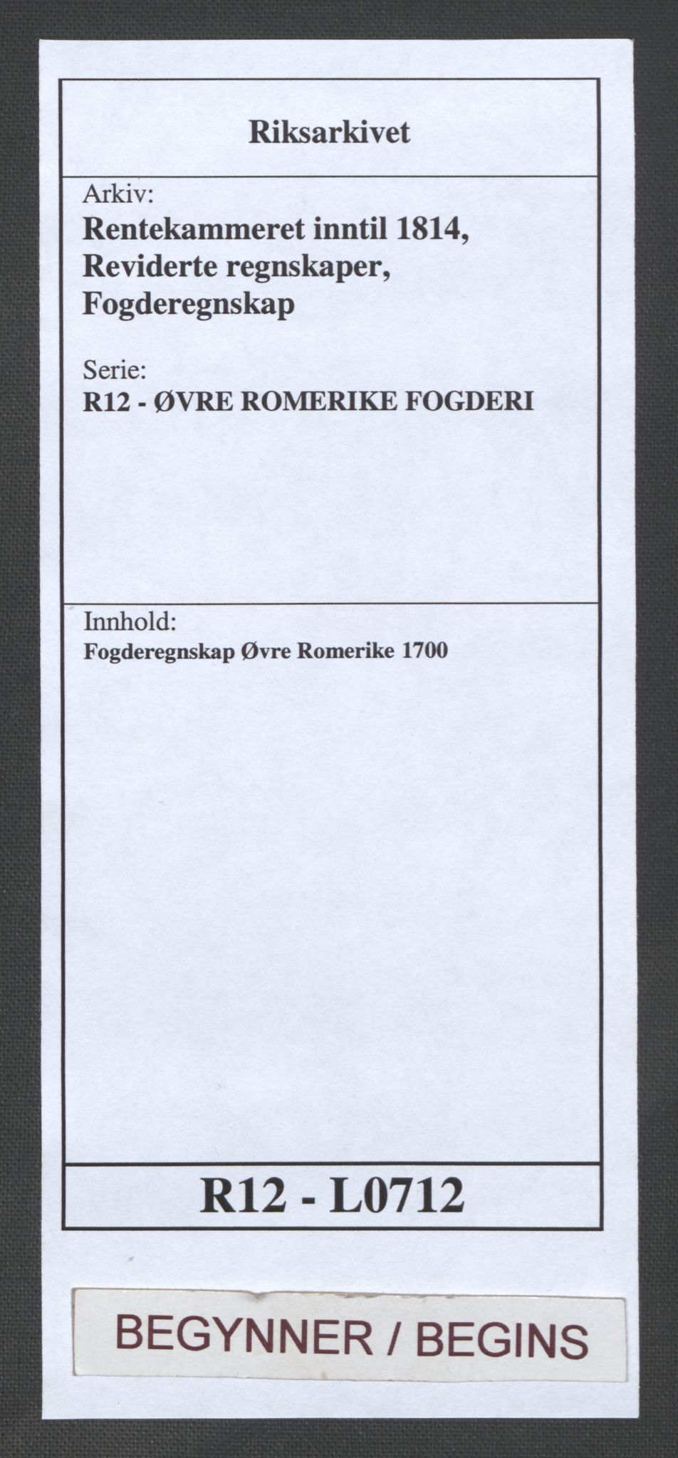 Rentekammeret inntil 1814, Reviderte regnskaper, Fogderegnskap, RA/EA-4092/R12/L0712: Fogderegnskap Øvre Romerike, 1700, s. 1