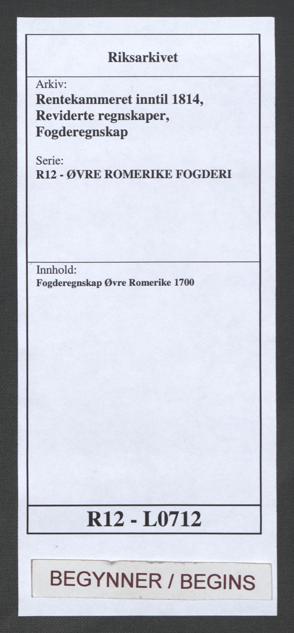 Rentekammeret inntil 1814, Reviderte regnskaper, Fogderegnskap, AV/RA-EA-4092/R12/L0712: Fogderegnskap Øvre Romerike, 1700, s. 1