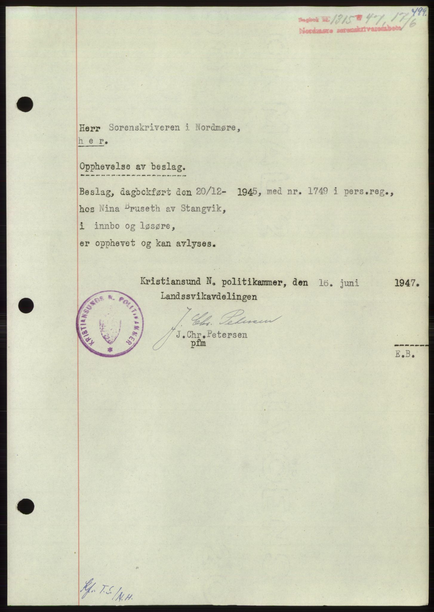 Nordmøre sorenskriveri, SAT/A-4132/1/2/2Ca: Pantebok nr. B96, 1947-1947, Dagboknr: 1315/1947