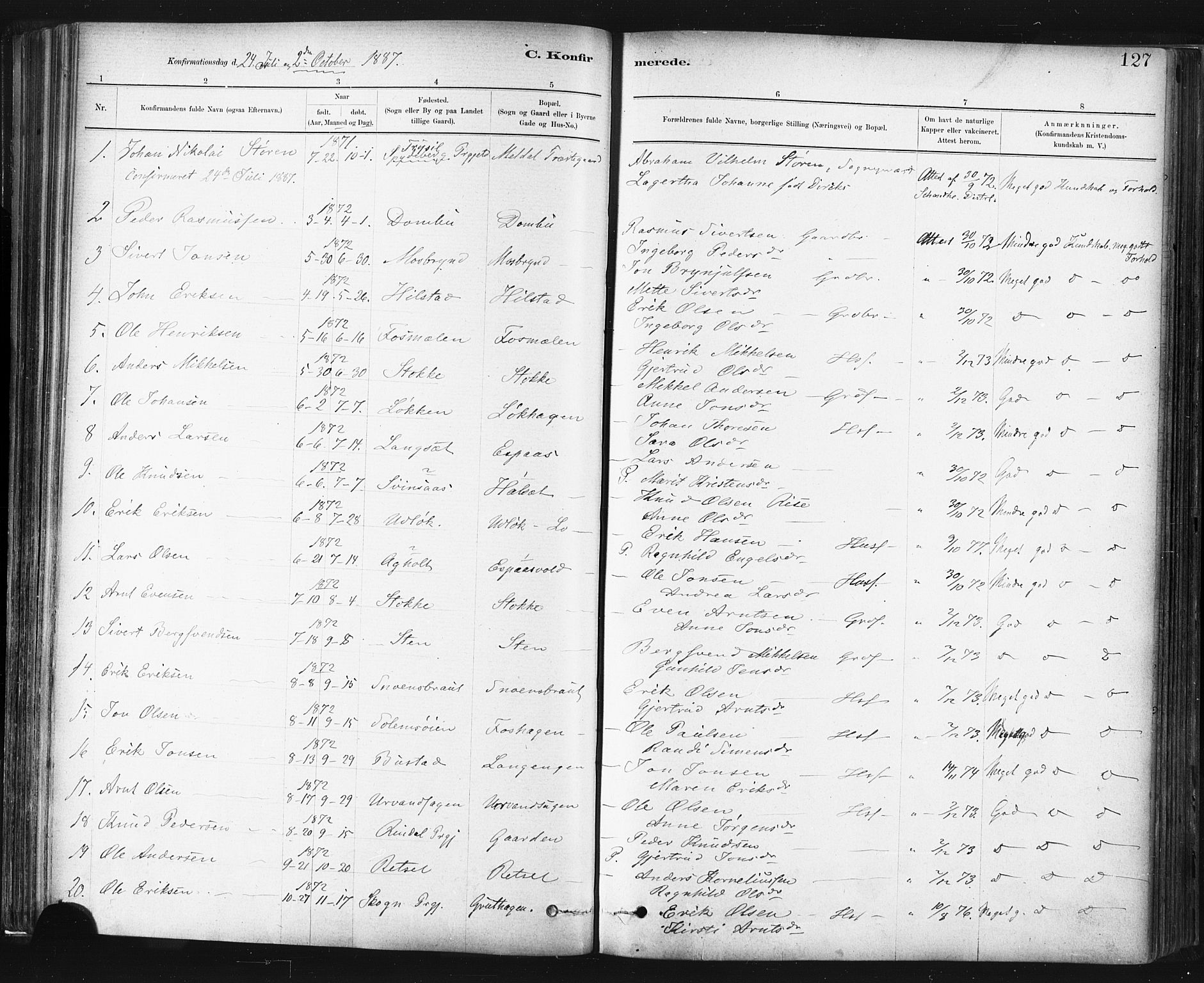 Ministerialprotokoller, klokkerbøker og fødselsregistre - Sør-Trøndelag, SAT/A-1456/672/L0857: Ministerialbok nr. 672A09, 1882-1893, s. 127