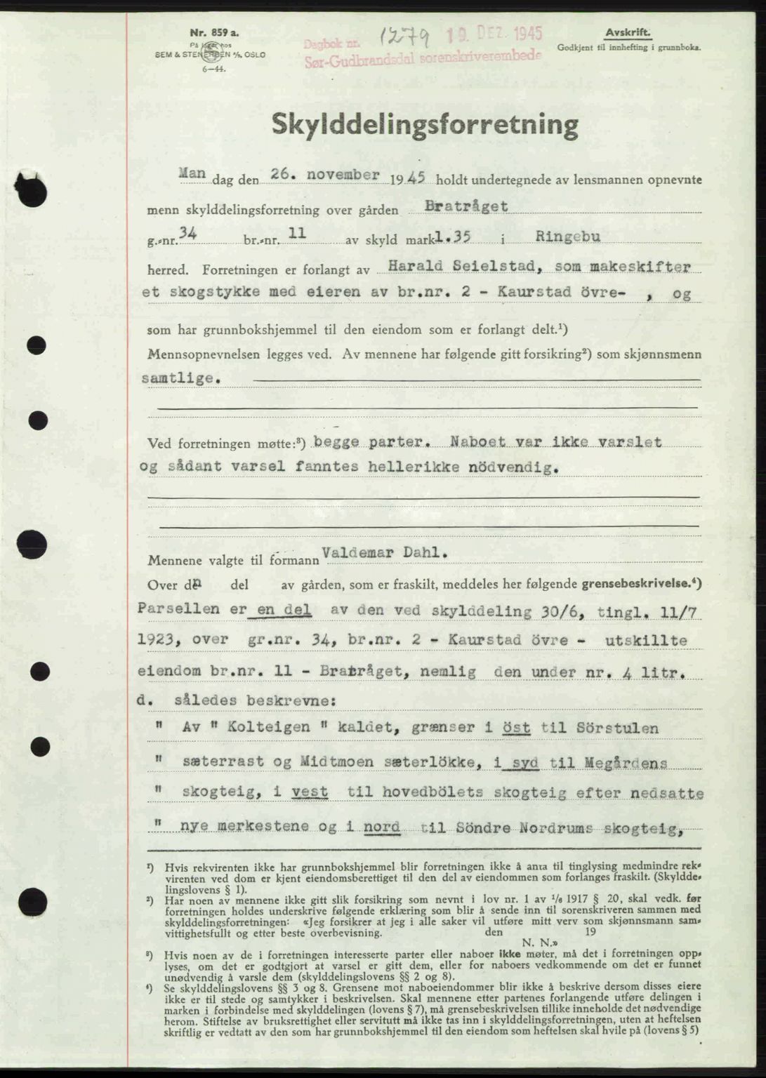 Sør-Gudbrandsdal tingrett, SAH/TING-004/H/Hb/Hbd/L0015: Pantebok nr. A15, 1945-1946, Dagboknr: 1279/1945
