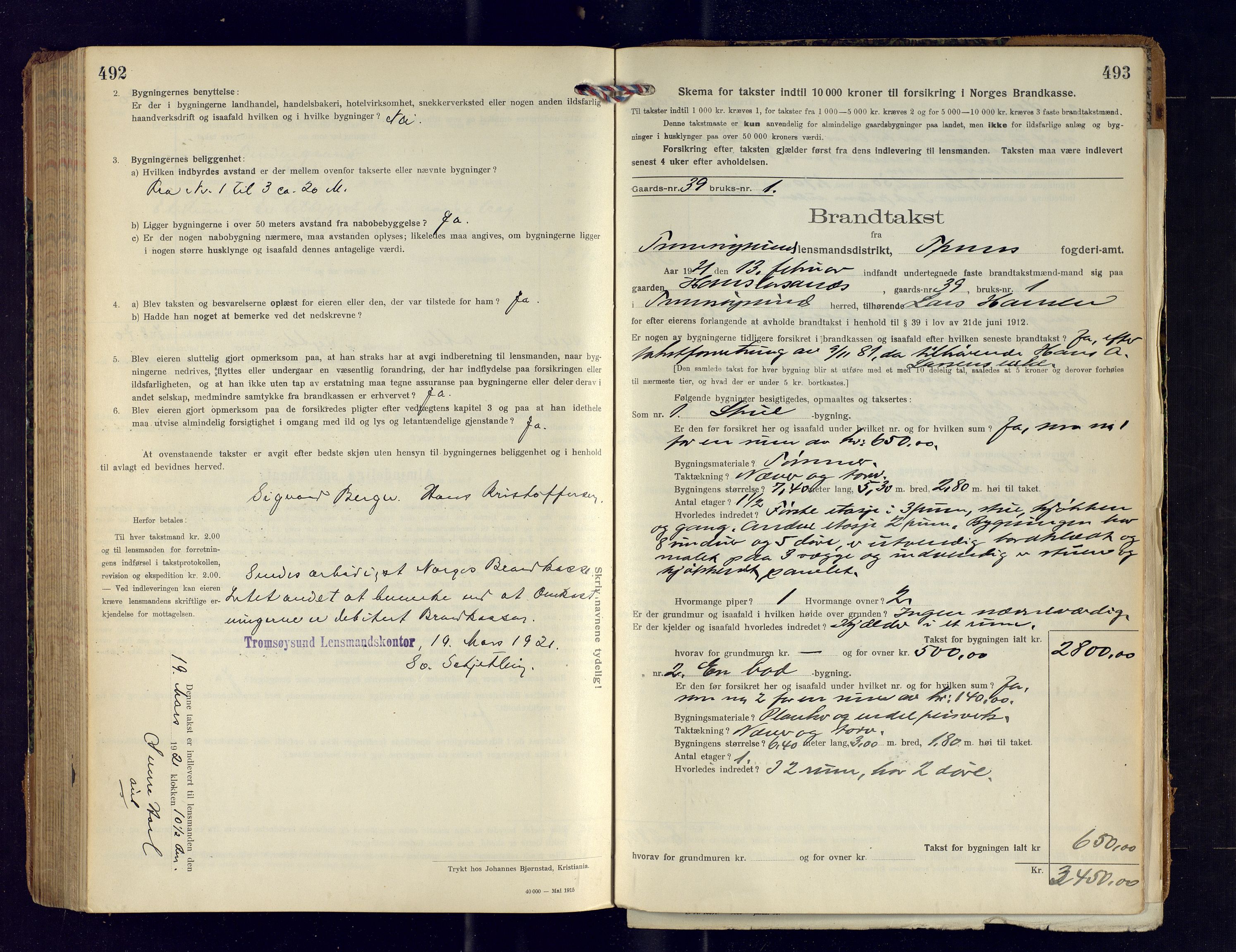 Tromsøysund lensmannskontor, SATØ/SATØ-12/F/Fs/Fsb/L0744: Branntakstprotokoll (S). Med register, 1918-1921, s. 492-493