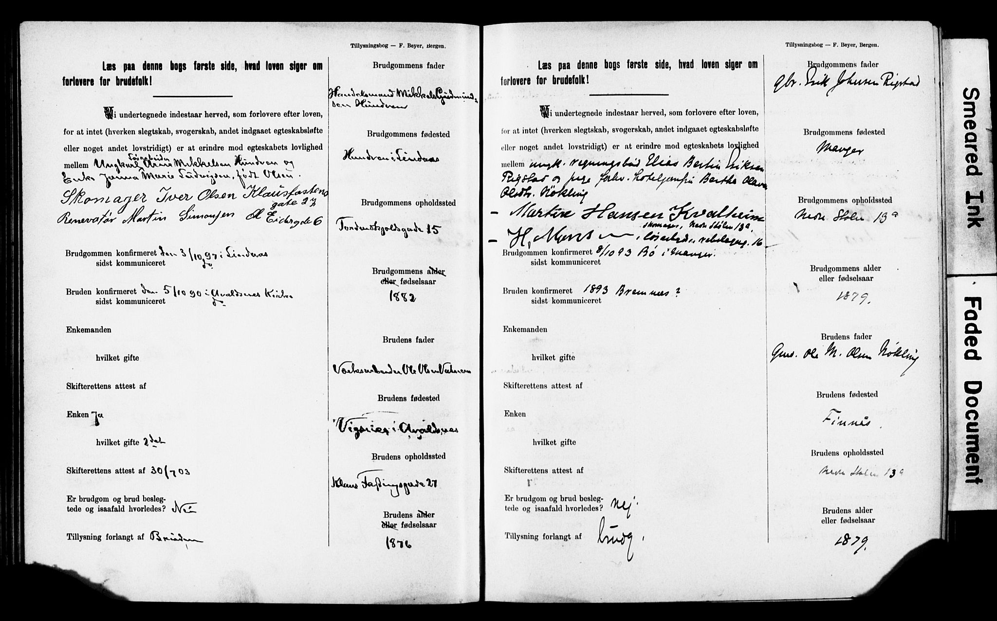 Mariakirken Sokneprestembete, SAB/A-76901: Forlovererklæringer nr. II.5.2, 1901-1909, s. 58