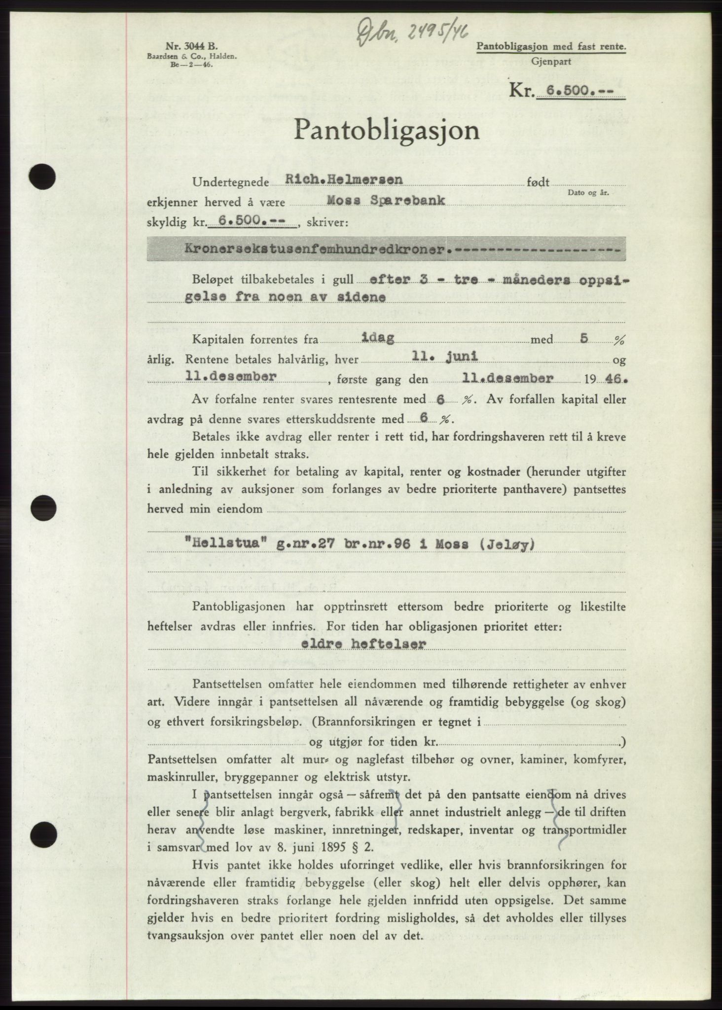 Moss sorenskriveri, SAO/A-10168: Pantebok nr. B16, 1946-1947, Dagboknr: 2495/1946
