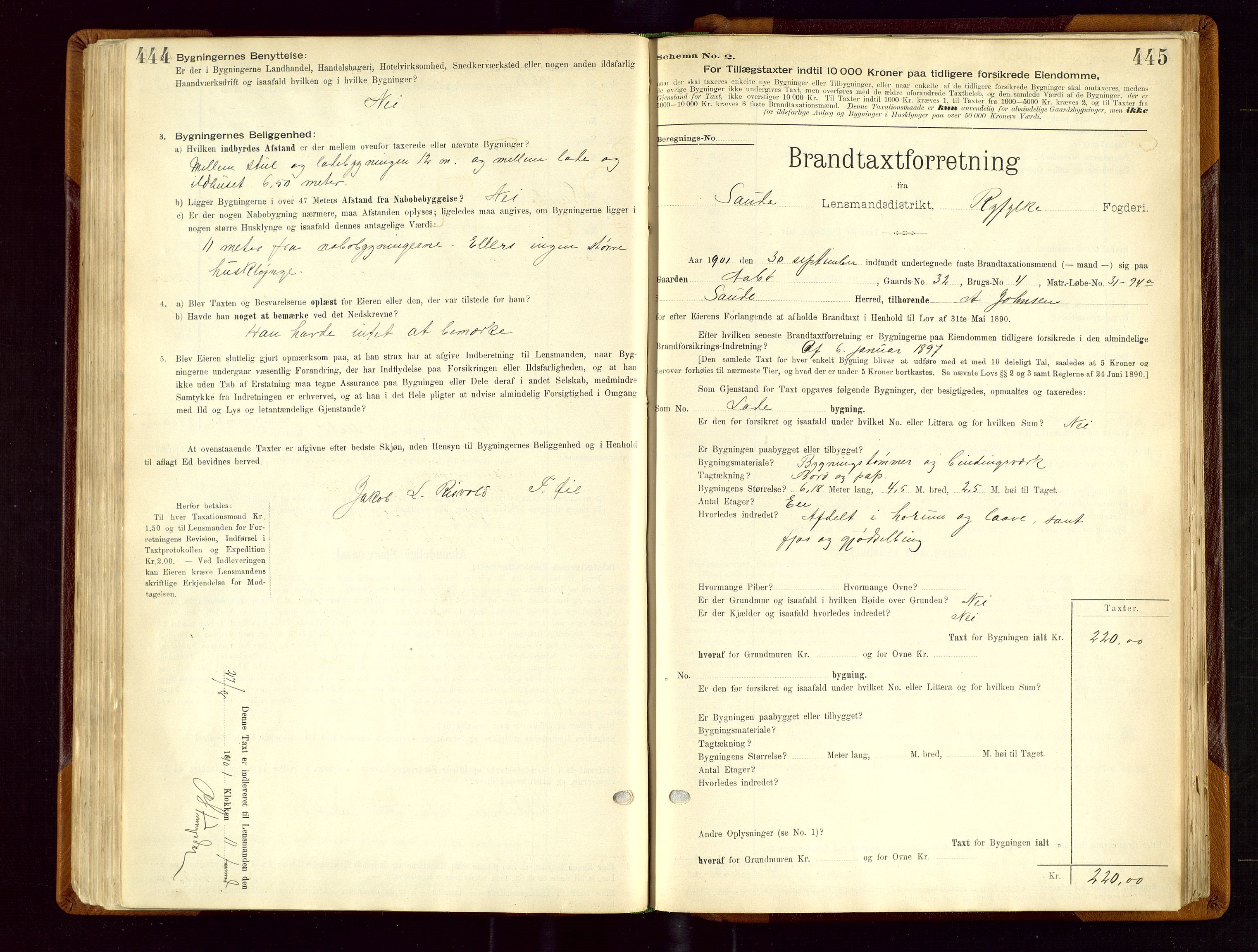 Sauda lensmannskontor, SAST/A-100177/Gob/L0001: Branntakstprotokoll - skjematakst, 1894-1914, s. 444-445