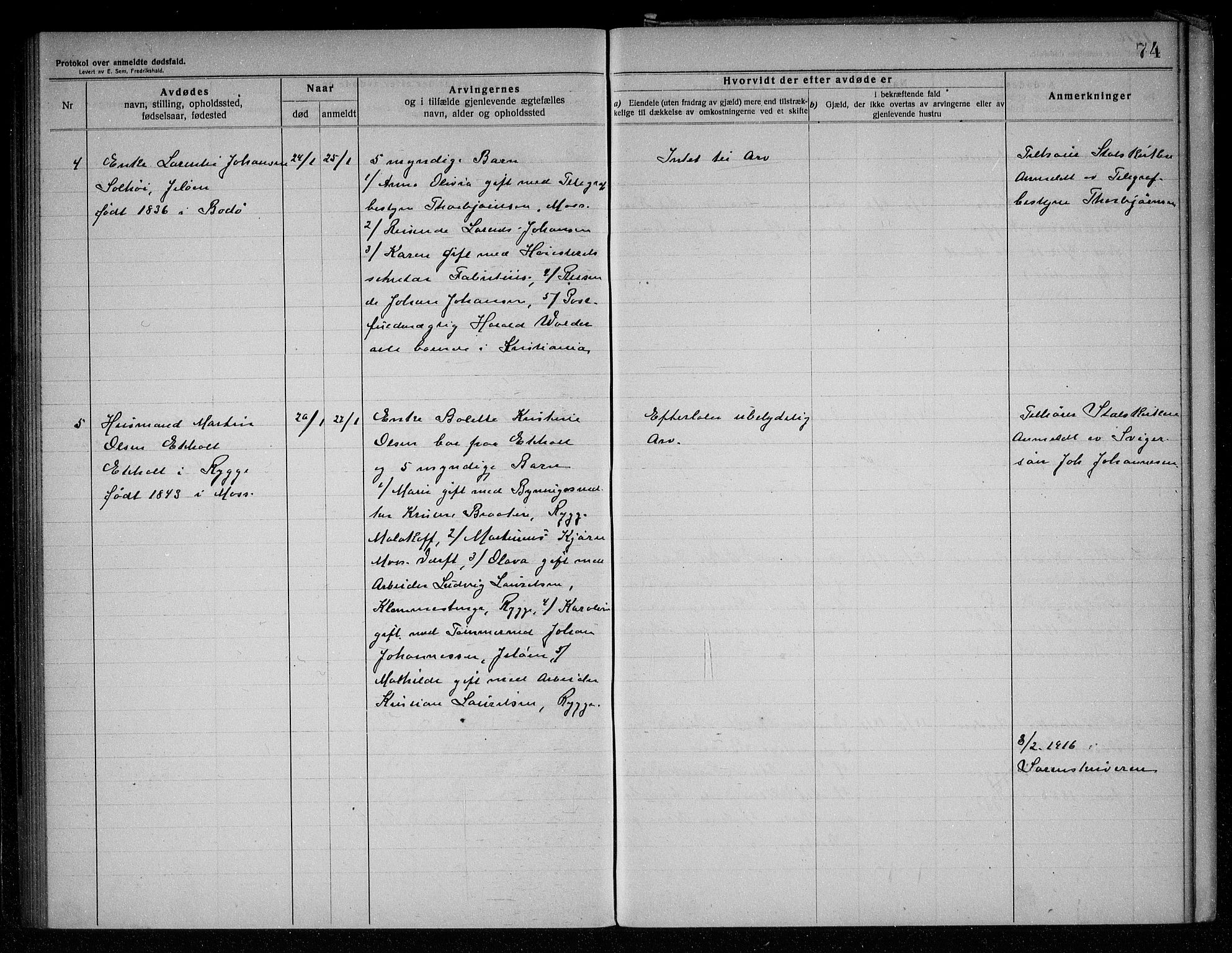 Rygge lensmannskontor, SAO/A-10005/H/Ha/Haa/L0005: Dødsfallsprotokoll, 1912-1916, s. 74