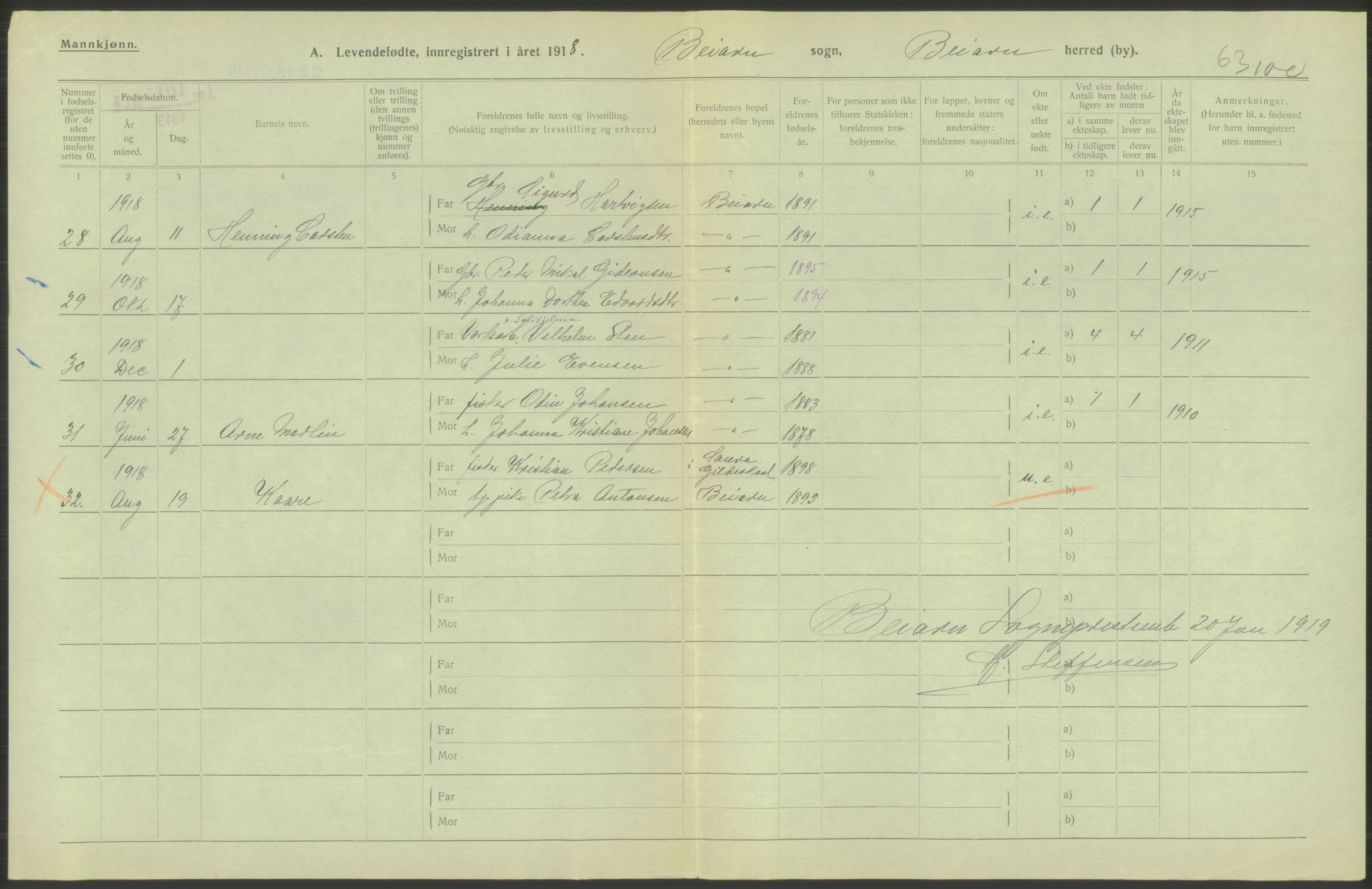 Statistisk sentralbyrå, Sosiodemografiske emner, Befolkning, AV/RA-S-2228/D/Df/Dfb/Dfbh/L0052: Nordland fylke: Levendefødte menn og kvinner. Bygder., 1918, s. 538