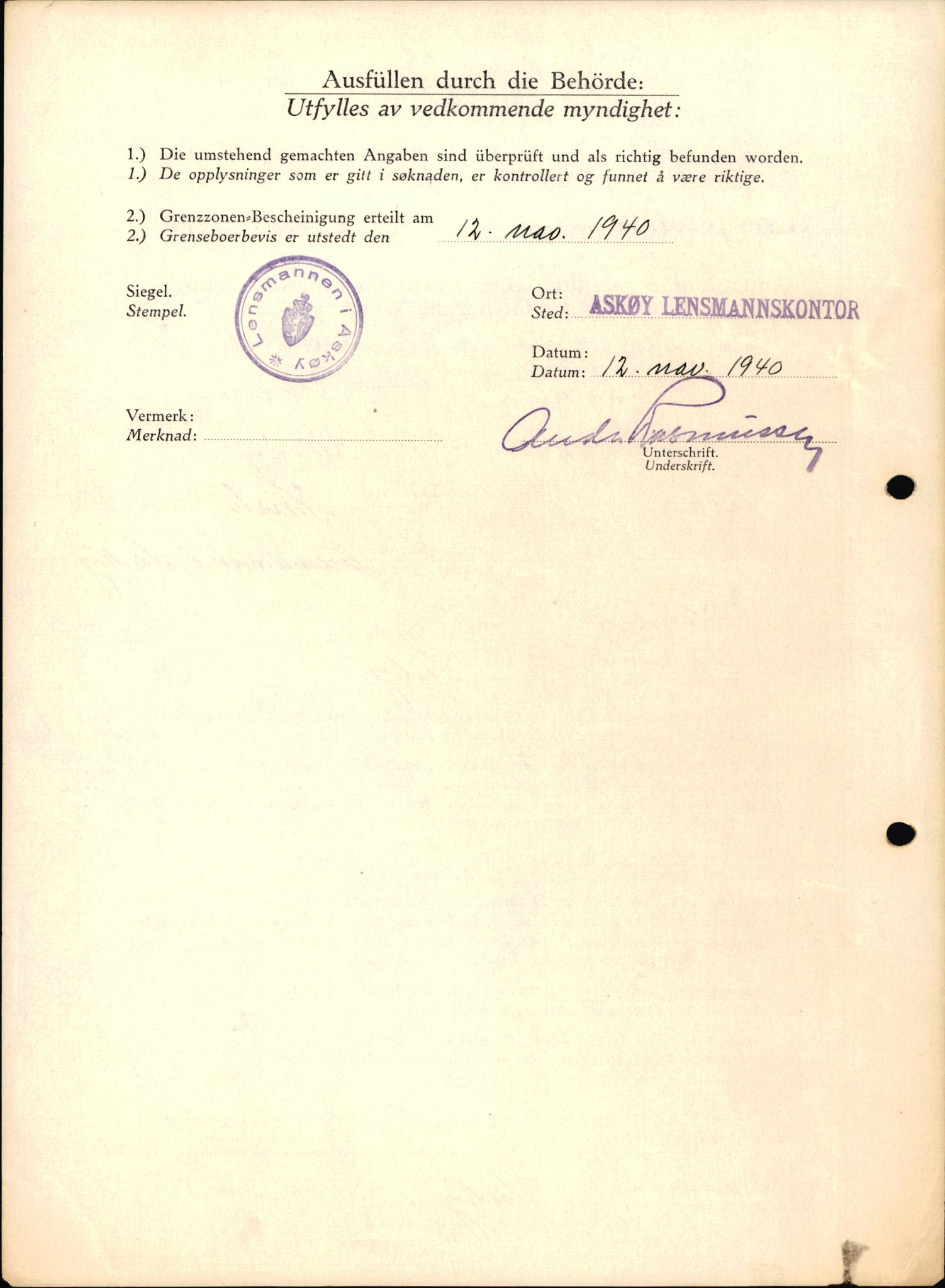 Lensmannen i Askøy, AV/SAB-A-31001/0026/L0008: Søknader om grensebuarbevis 2126 - 2550, 1940, s. 852