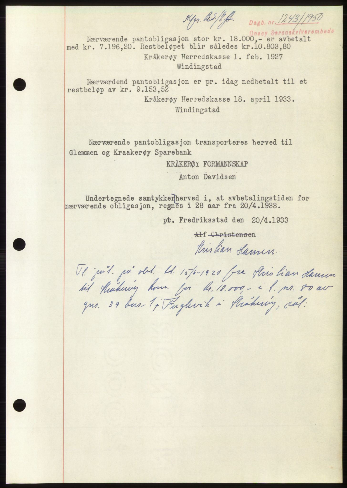 Onsøy sorenskriveri, SAO/A-10474/G/Ga/Gac/L0009: Pantebok nr. B 13-9, 1949-1950, Dagboknr: 1243/1950