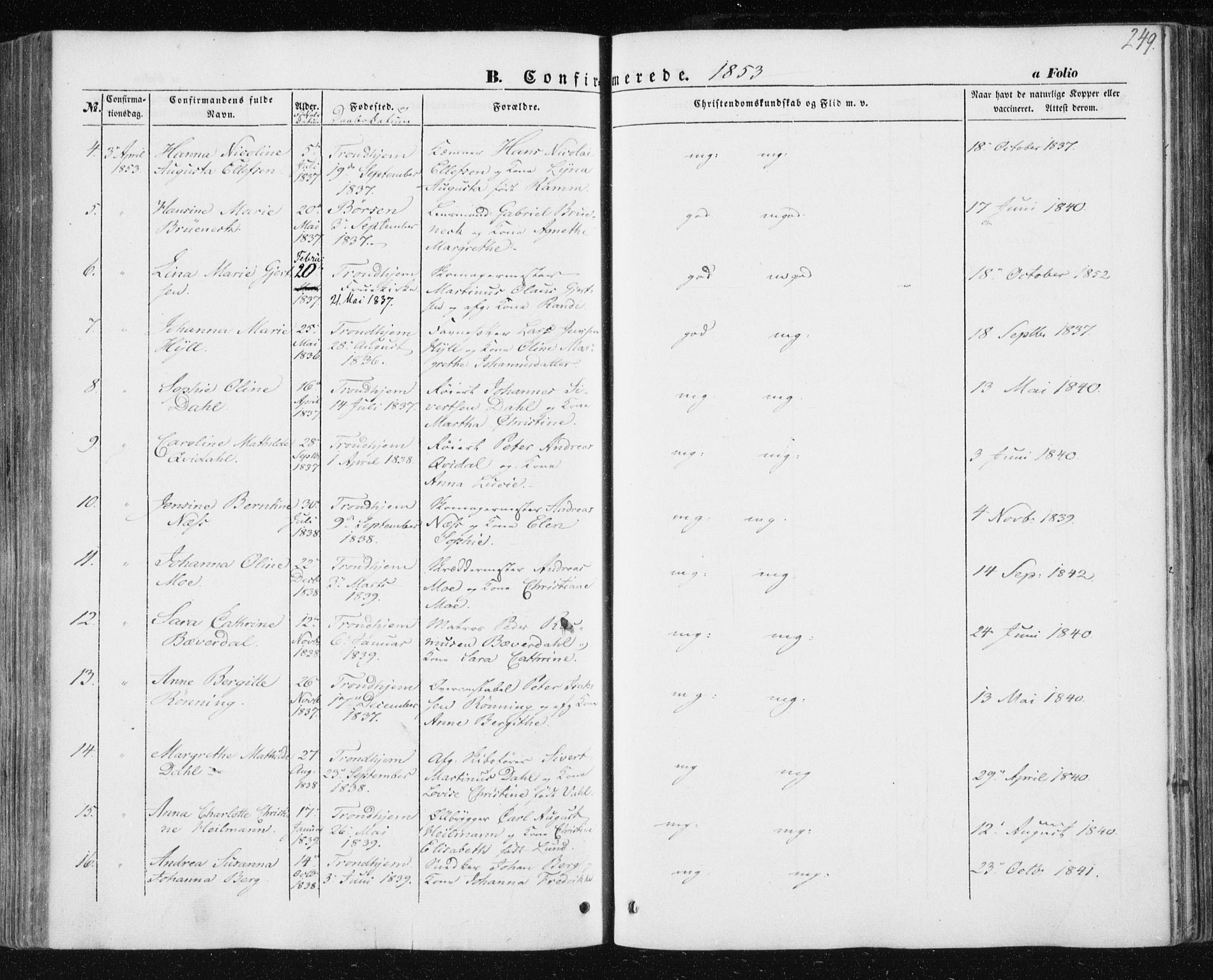 Ministerialprotokoller, klokkerbøker og fødselsregistre - Sør-Trøndelag, SAT/A-1456/602/L0112: Ministerialbok nr. 602A10, 1848-1859, s. 249