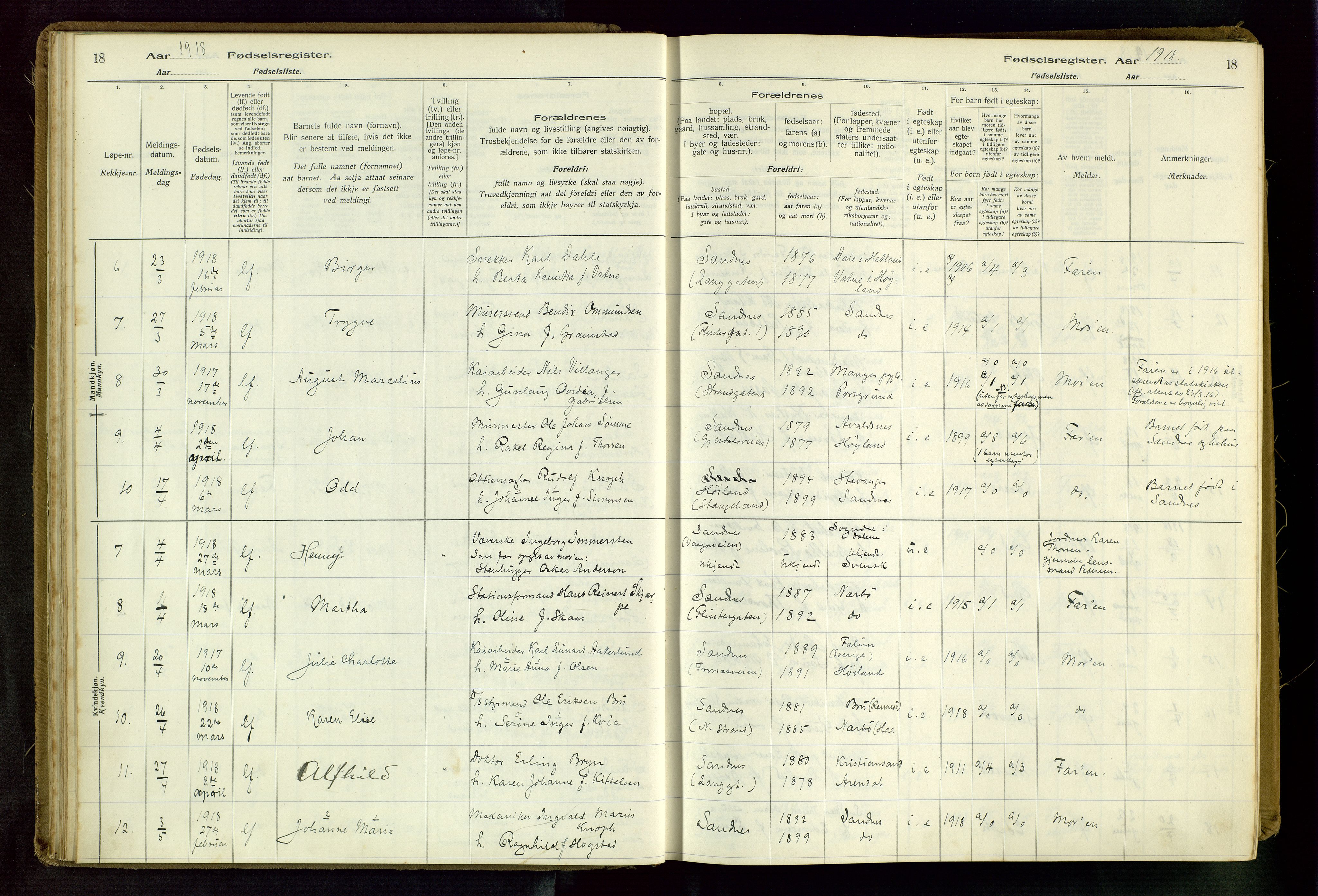 Sandnes sokneprestkontor, SAST/A-101800/704BA/L0001: Fødselsregister nr. 1, 1916-1942, s. 18