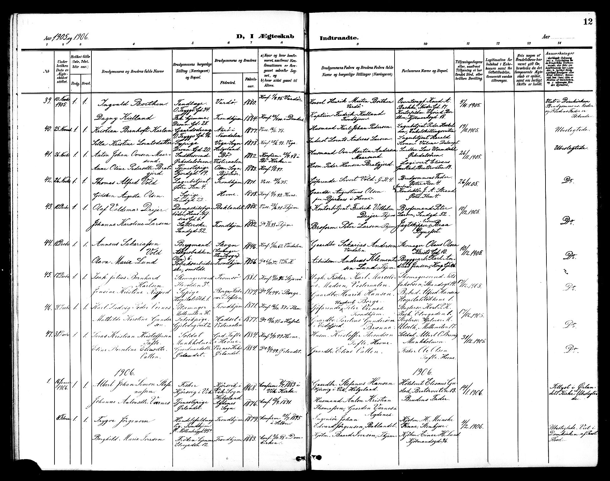 Ministerialprotokoller, klokkerbøker og fødselsregistre - Sør-Trøndelag, AV/SAT-A-1456/602/L0145: Klokkerbok nr. 602C13, 1902-1919, s. 12
