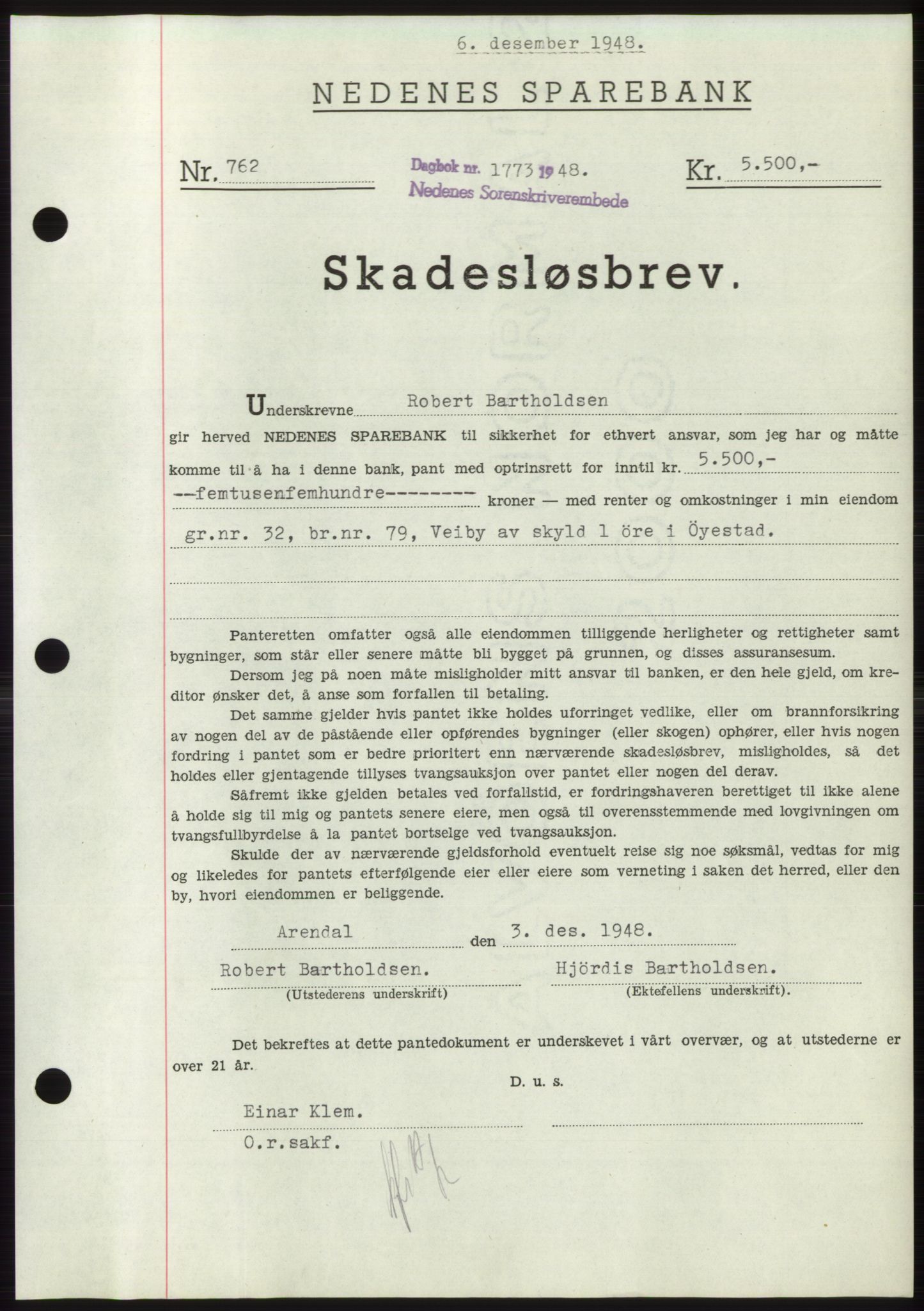 Nedenes sorenskriveri, AV/SAK-1221-0006/G/Gb/Gbb/L0005: Pantebok nr. B5, 1948-1948, Dagboknr: 1773/1948