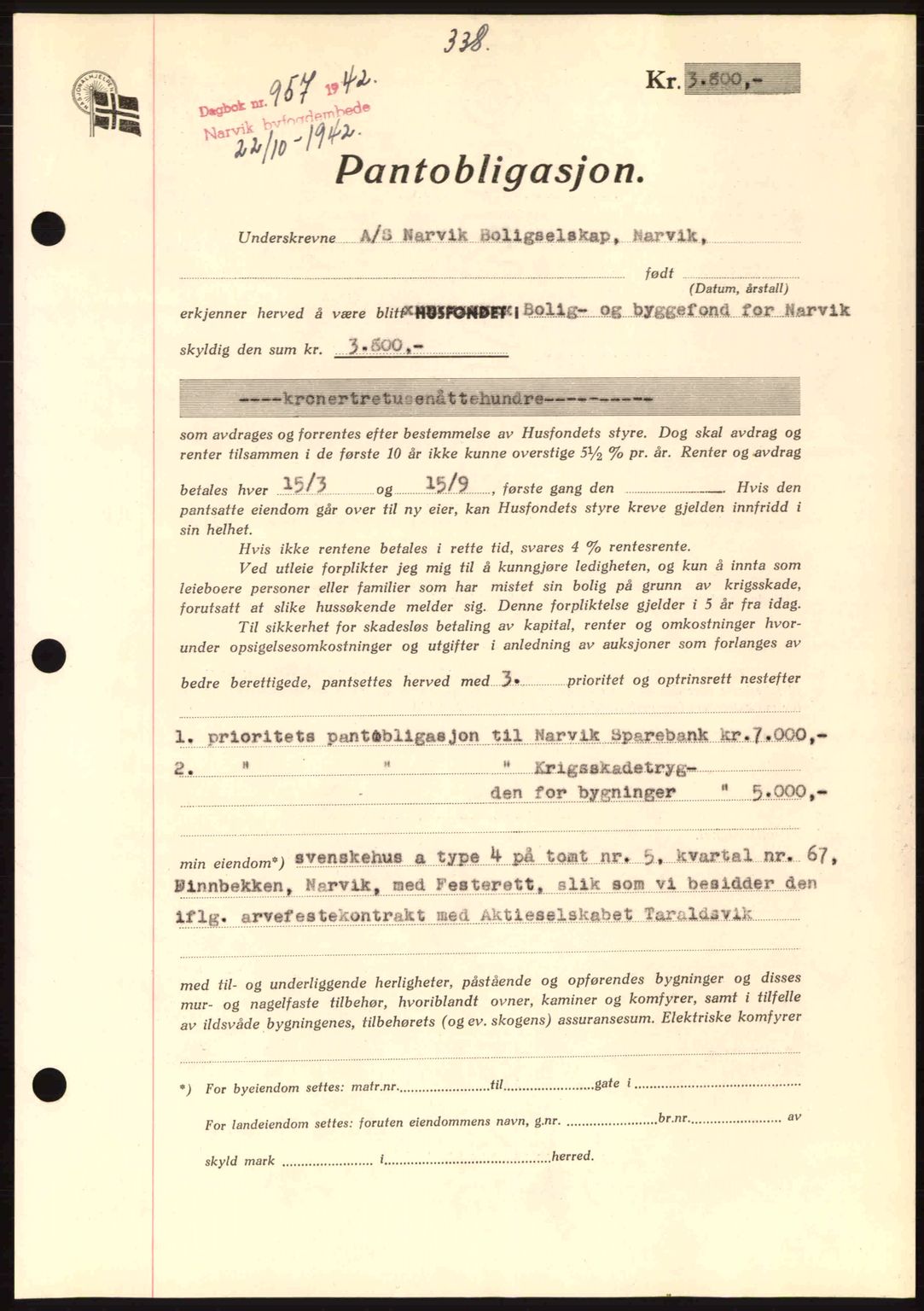 Narvik sorenskriveri, SAT/A-0002/1/2/2C/2Ca: Pantebok nr. A19, 1942-1943, Dagboknr: 957/1942