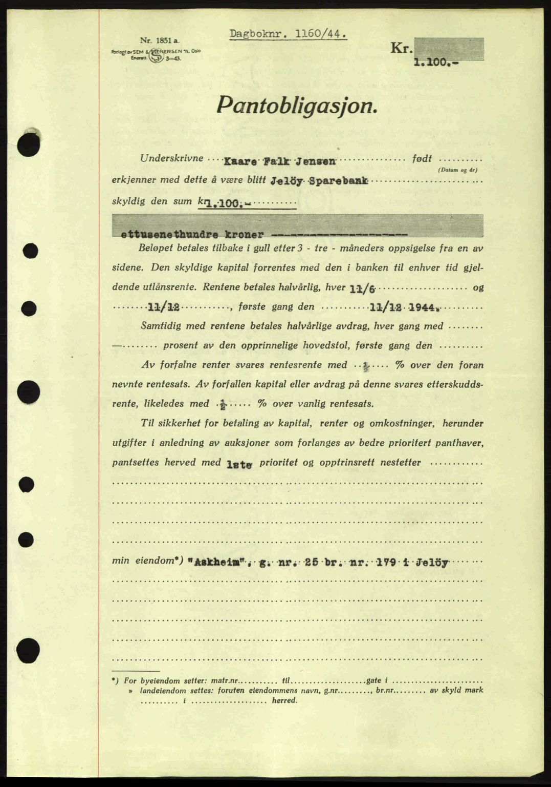Moss sorenskriveri, SAO/A-10168: Pantebok nr. B13, 1943-1945, Dagboknr: 1160/1944