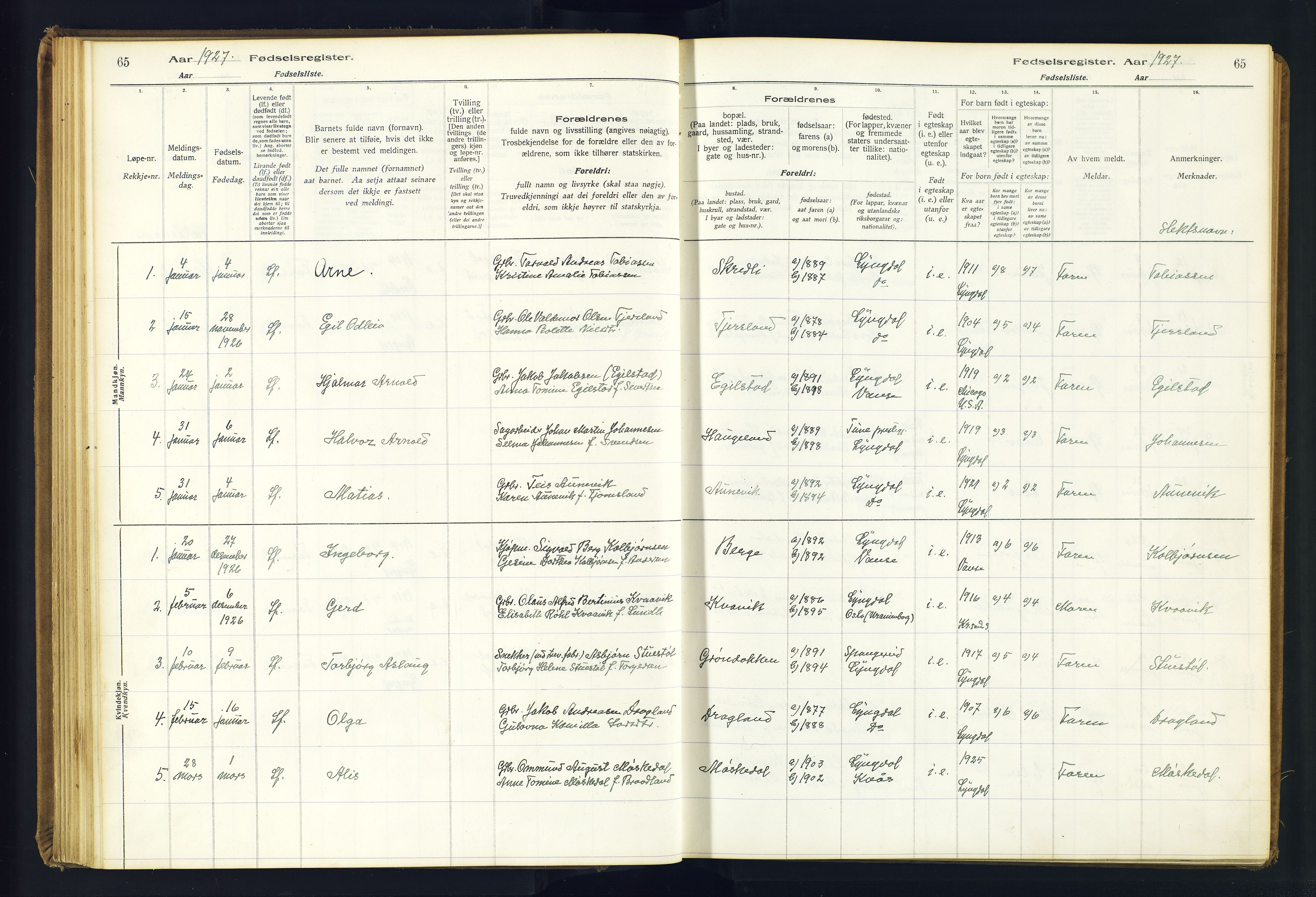 Lyngdal sokneprestkontor, SAK/1111-0029/J/Ja/L0001: Fødselsregister nr. A-VI-26, 1916-1951, s. 65