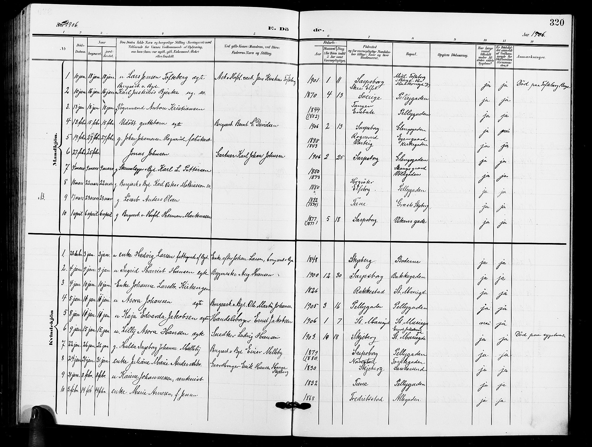 Sarpsborg prestekontor Kirkebøker, SAO/A-2006/G/Ga/L0001: Klokkerbok nr. 1, 1902-1911, s. 320