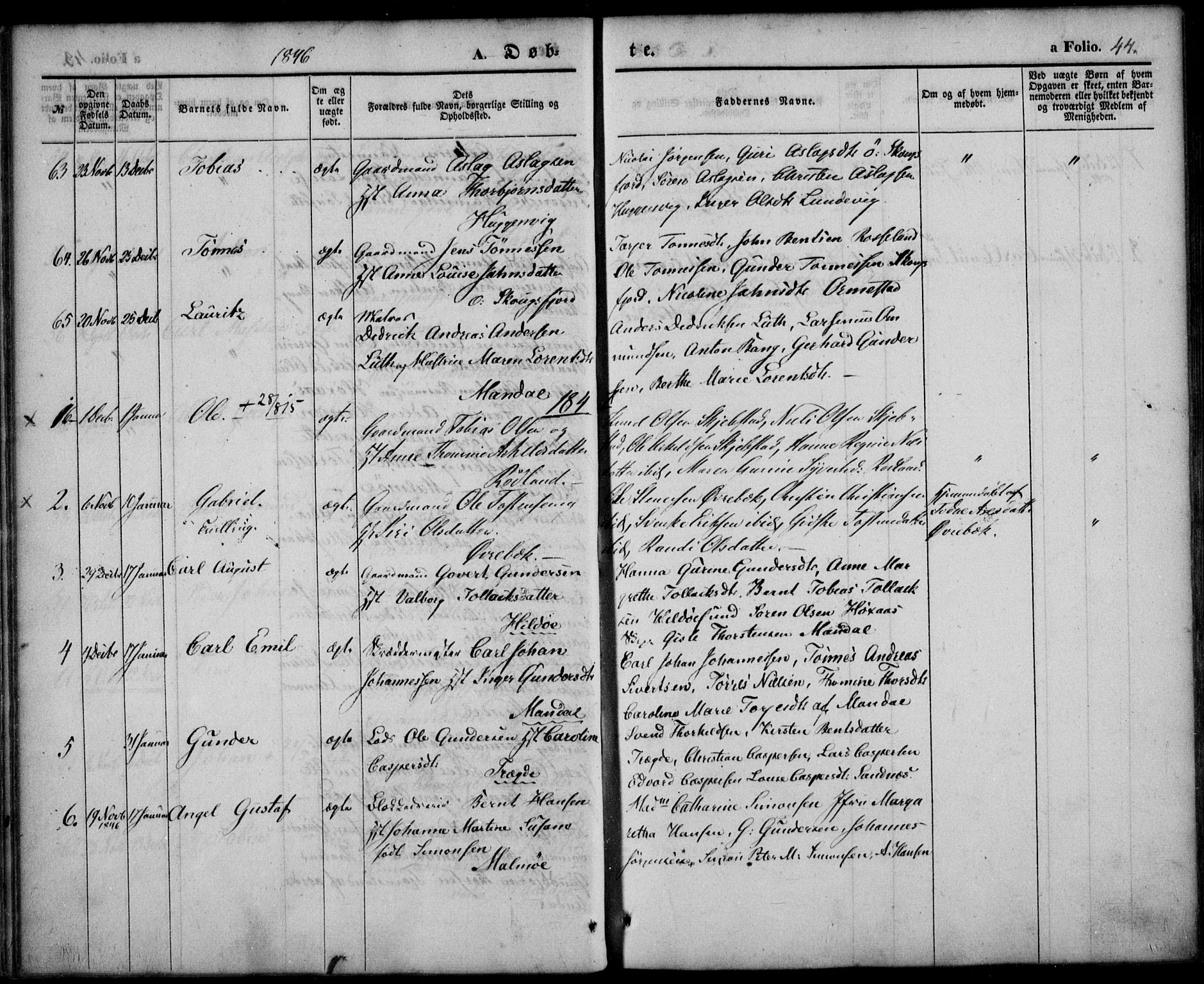 Mandal sokneprestkontor, AV/SAK-1111-0030/F/Fa/Faa/L0012: Ministerialbok nr. A 12, 1840-1847, s. 44