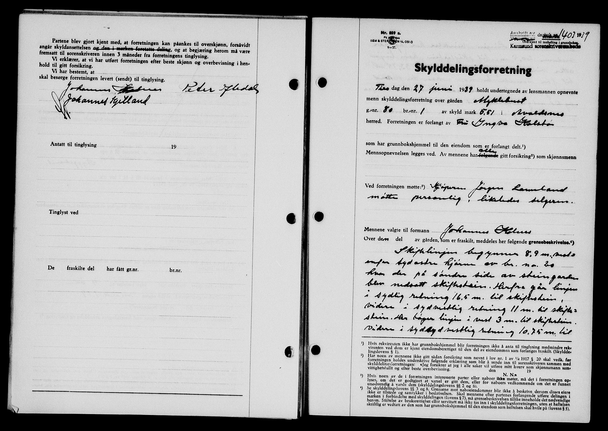 Karmsund sorenskriveri, SAST/A-100311/01/II/IIB/L0071: Pantebok nr. 52A, 1939-1939, Dagboknr: 1403/1939