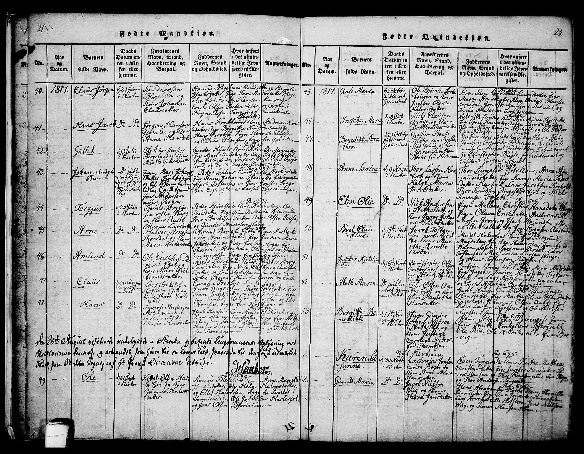 Bamble kirkebøker, AV/SAKO-A-253/F/Fa/L0003: Ministerialbok nr. I 3 /1, 1814-1834, s. 21-22