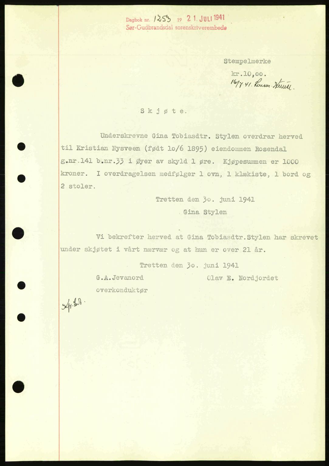 Sør-Gudbrandsdal tingrett, SAH/TING-004/H/Hb/Hbd/L0009: Pantebok nr. A9, 1941-1941, Dagboknr: 1253/1941