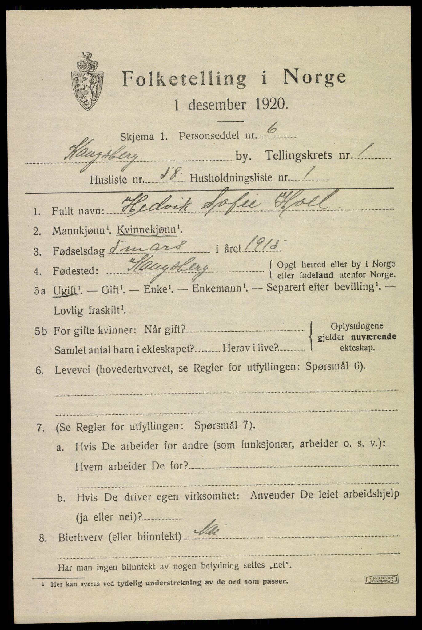 SAKO, Folketelling 1920 for 0604 Kongsberg kjøpstad, 1920, s. 6498