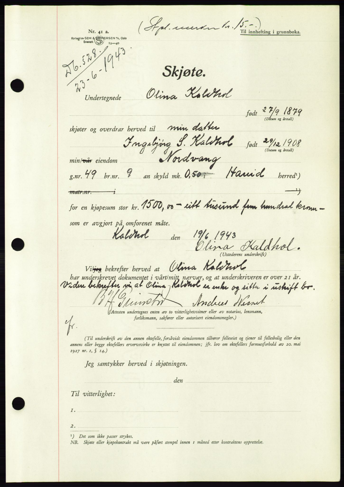 Søre Sunnmøre sorenskriveri, SAT/A-4122/1/2/2C/L0075: Pantebok nr. 1A, 1943-1943, Dagboknr: 528/1943