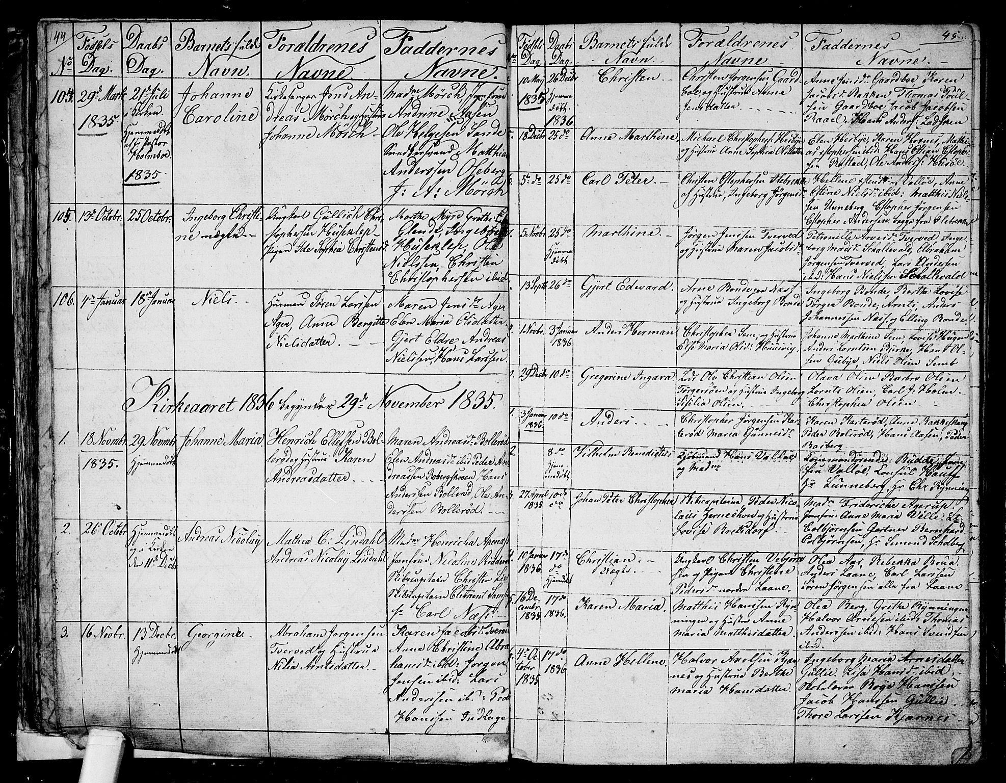 Sem kirkebøker, AV/SAKO-A-5/G/Ga/L0002: Klokkerbok nr. I 2, 1826-1844, s. 44-45