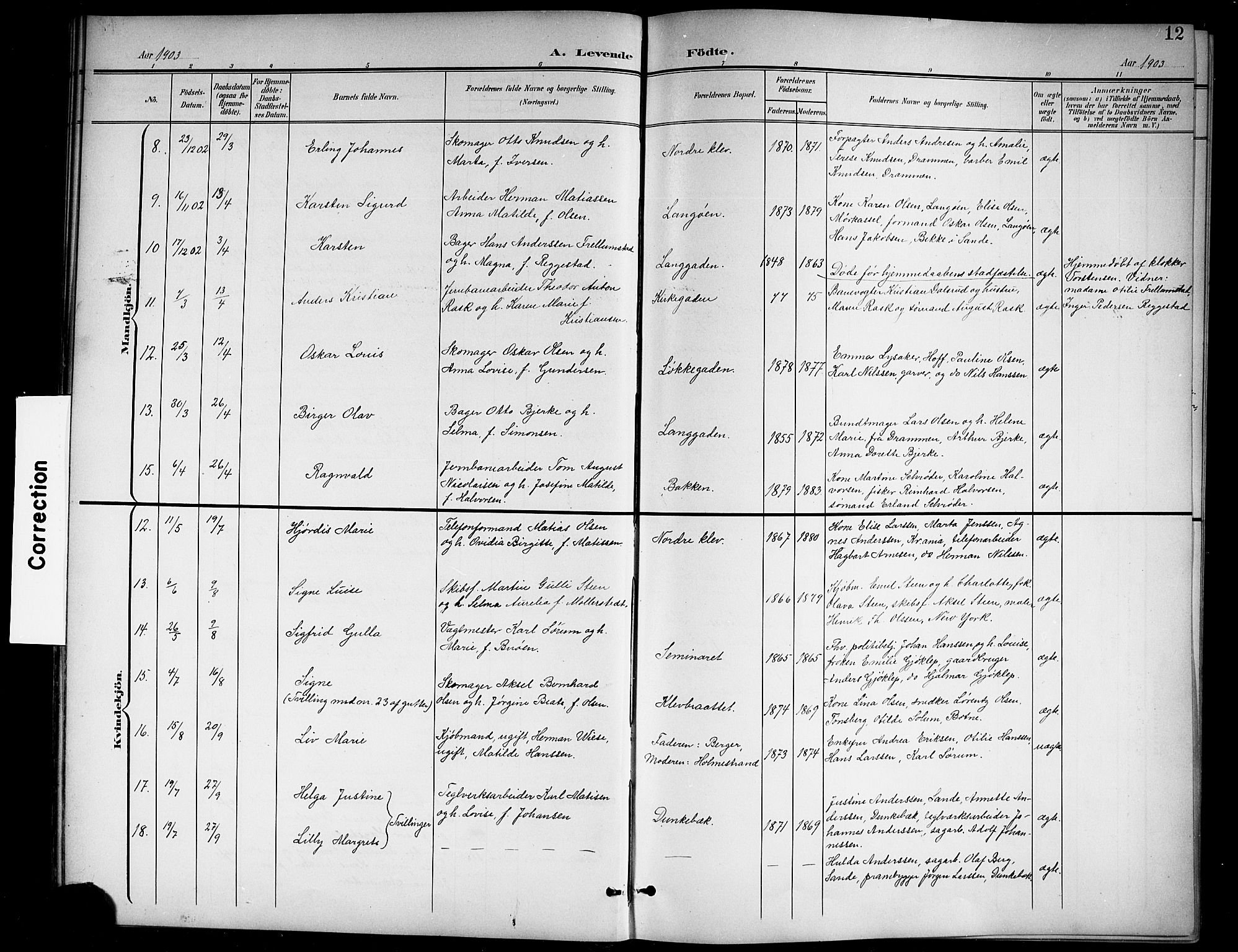 Holmestrand kirkebøker, AV/SAKO-A-346/G/Ga/L0006: Klokkerbok nr. 6, 1901-1923, s. 12