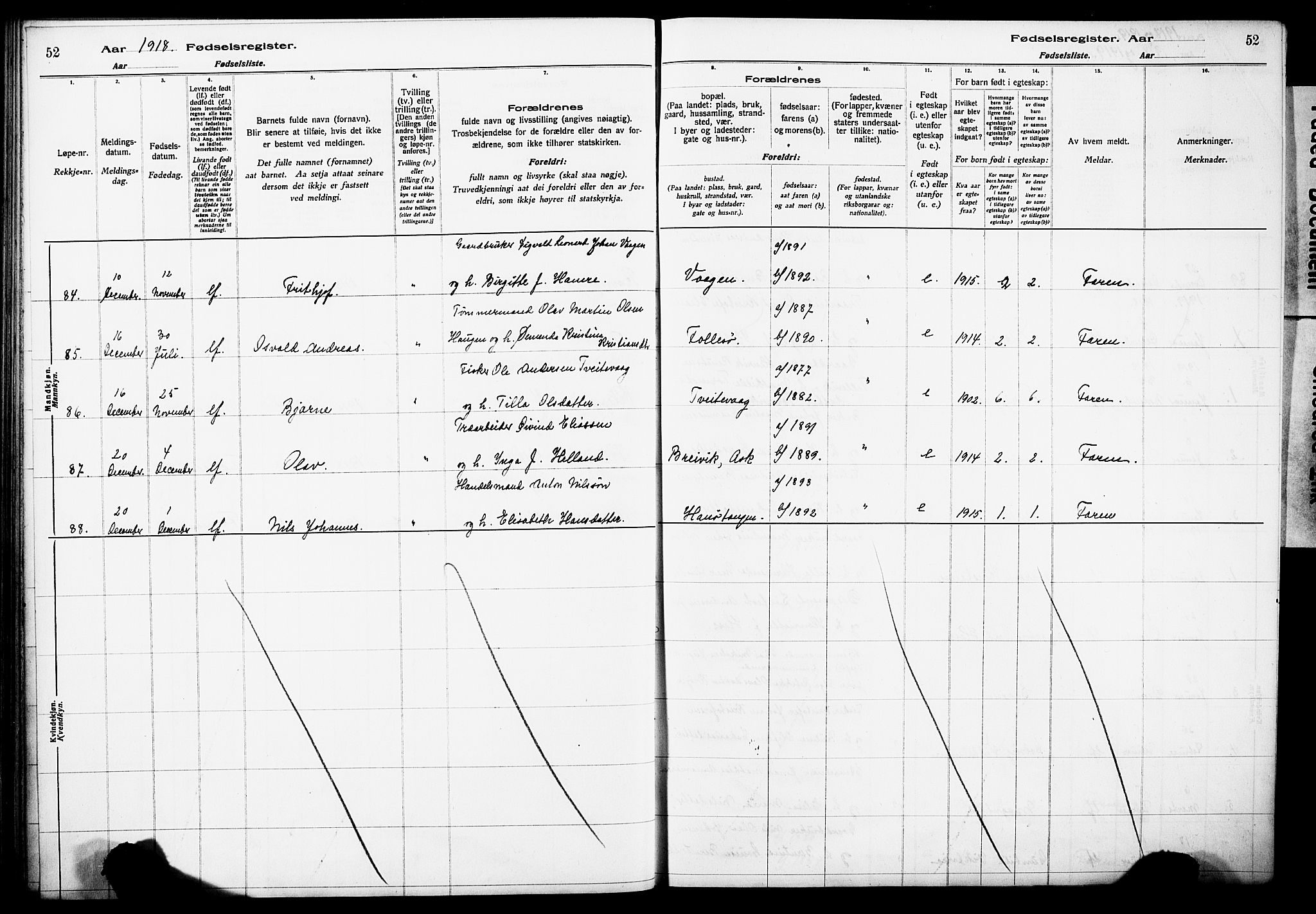 Askøy Sokneprestembete, AV/SAB-A-74101/I/Id/L00A1: Fødselsregister nr. A 1, 1916-1928, s. 52