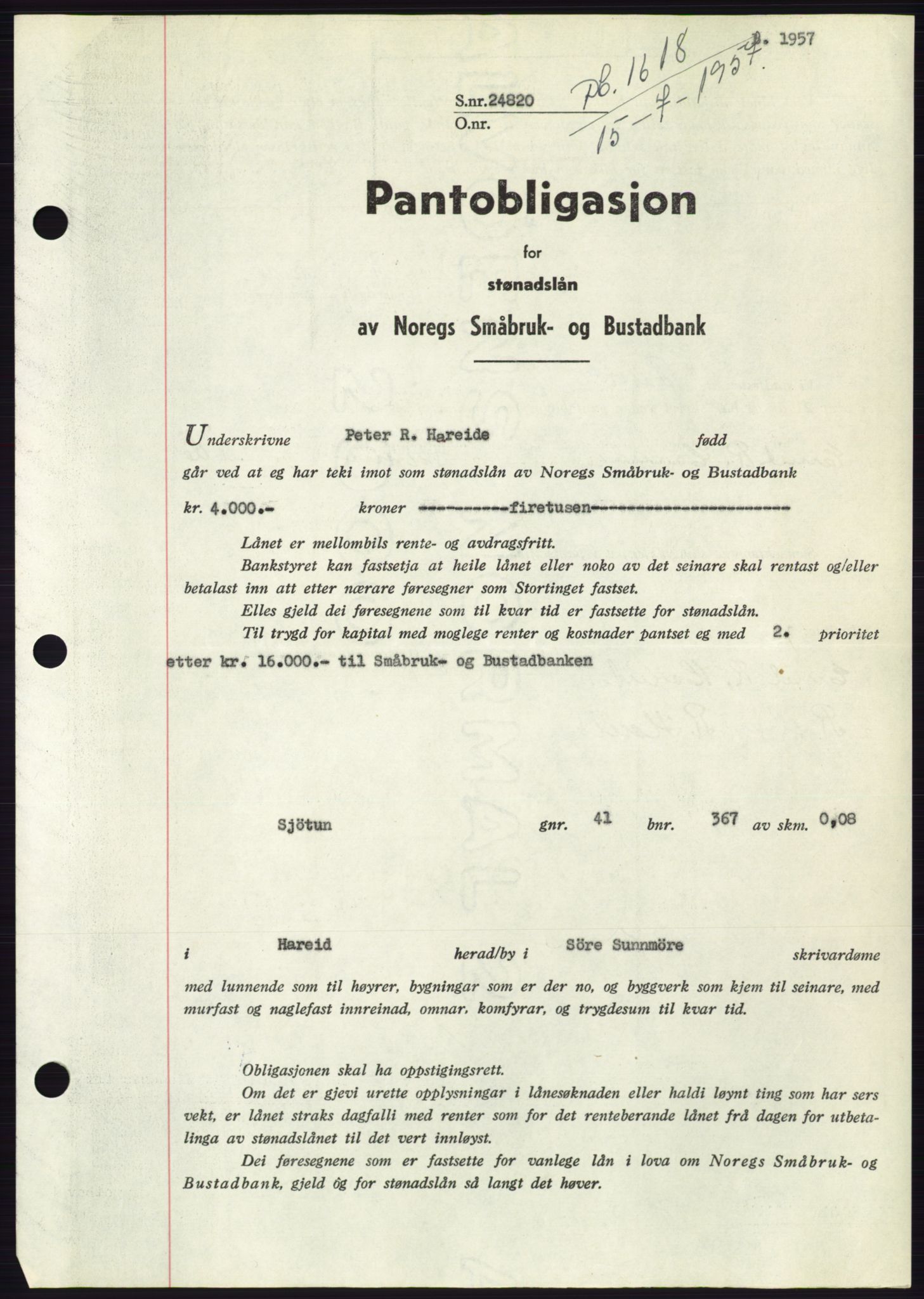 Søre Sunnmøre sorenskriveri, AV/SAT-A-4122/1/2/2C/L0130: Pantebok nr. 18B, 1957-1958, Dagboknr: 1618/1957