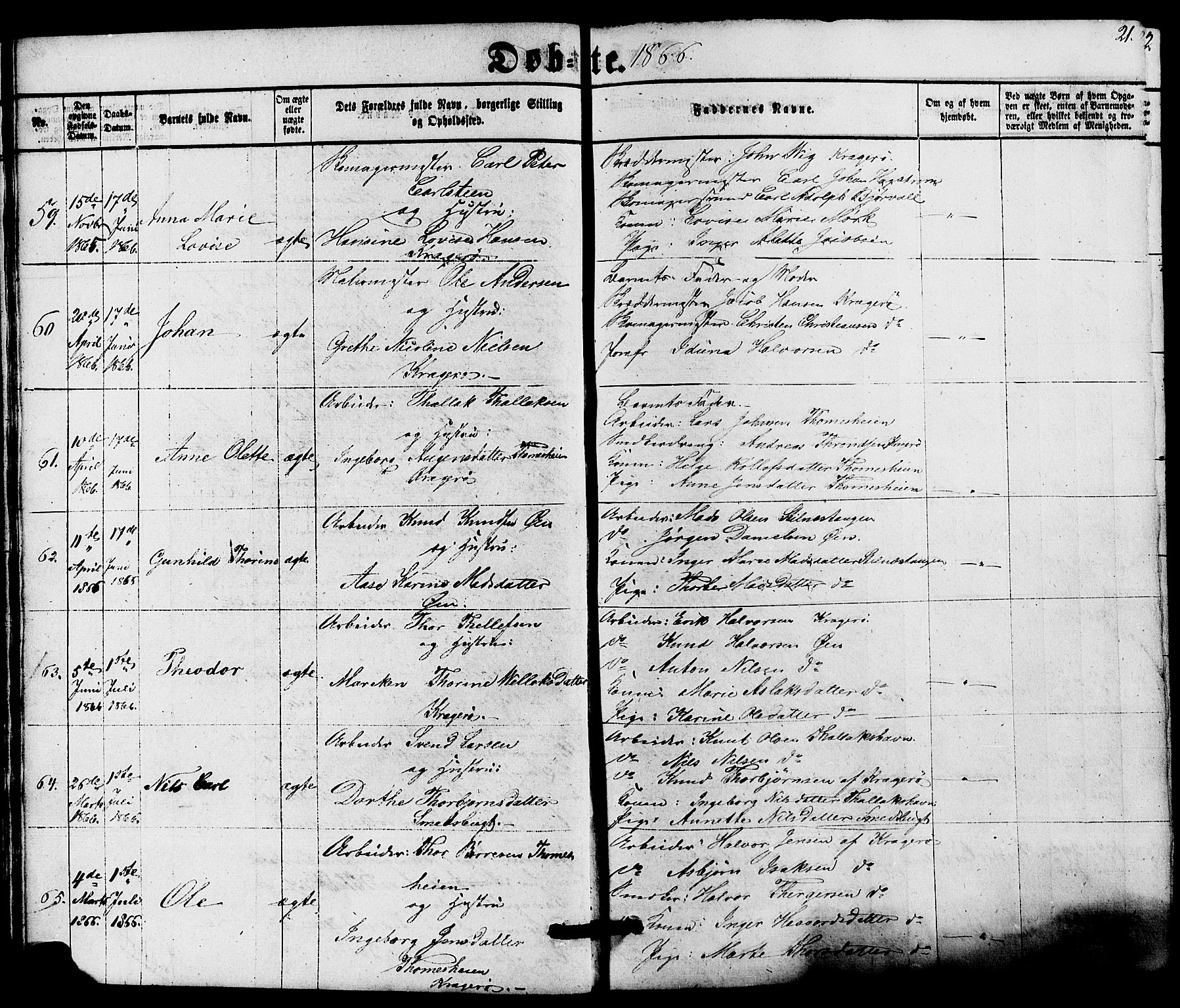 Kragerø kirkebøker, AV/SAKO-A-278/G/Ga/L0005: Klokkerbok nr. 5, 1865-1881, s. 21