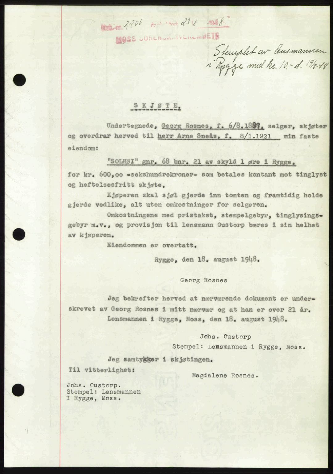 Moss sorenskriveri, SAO/A-10168: Pantebok nr. A20, 1948-1948, Dagboknr: 2206/1948