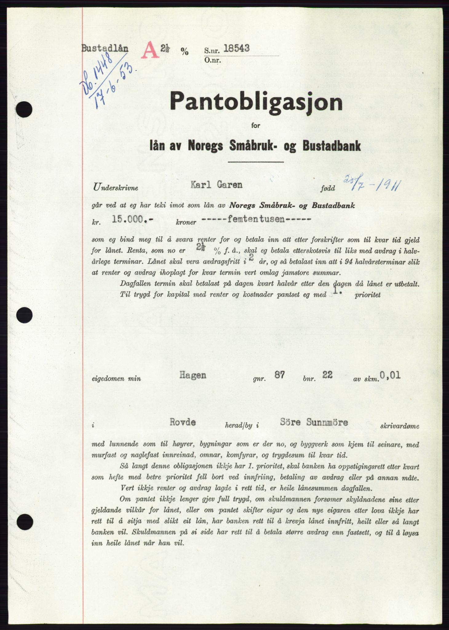 Søre Sunnmøre sorenskriveri, SAT/A-4122/1/2/2C/L0123: Pantebok nr. 11B, 1953-1953, Dagboknr: 1448/1953