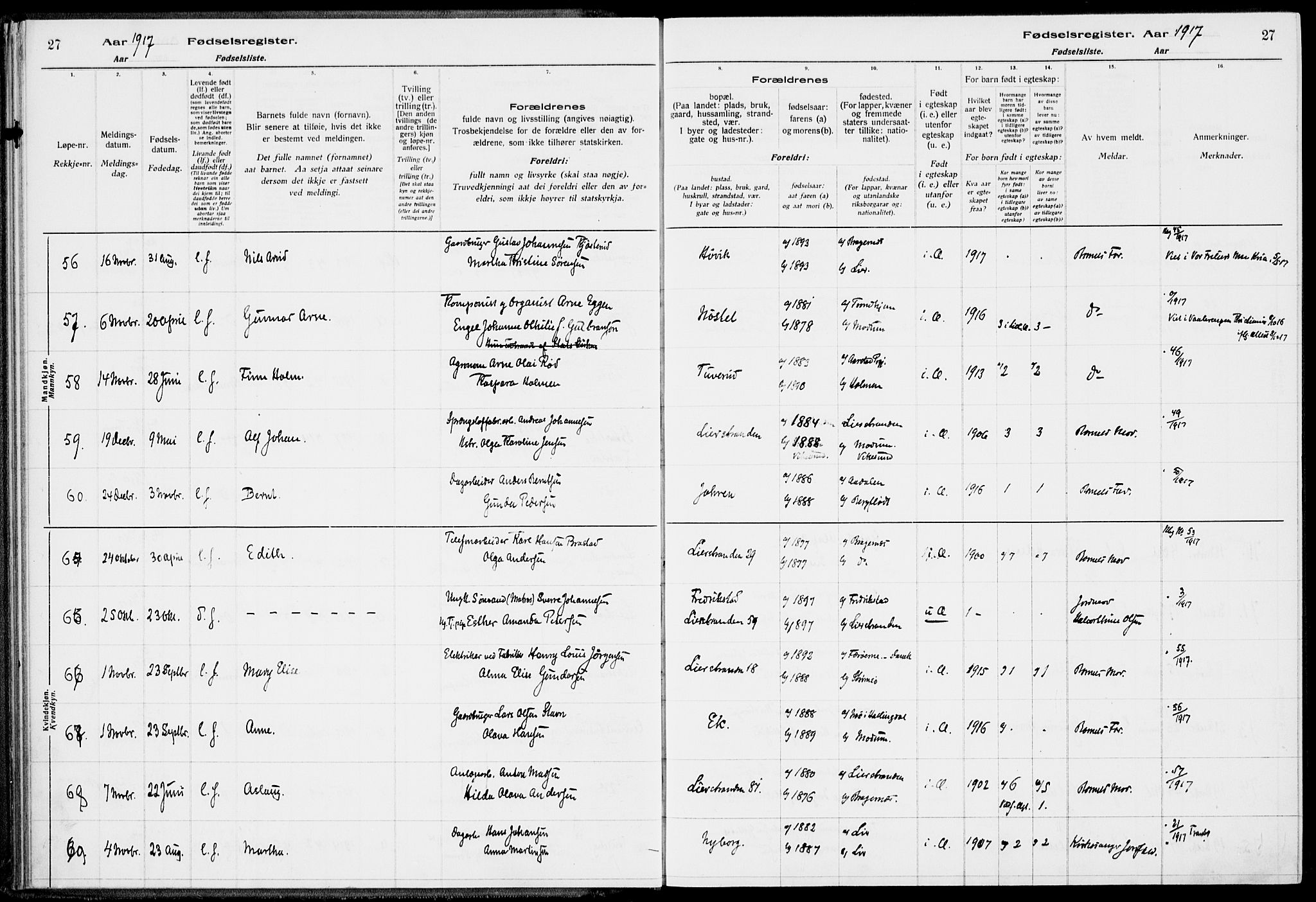 Lier kirkebøker, SAKO/A-230/J/Ja/L0001: Fødselsregister nr. 1, 1916-1928, s. 27