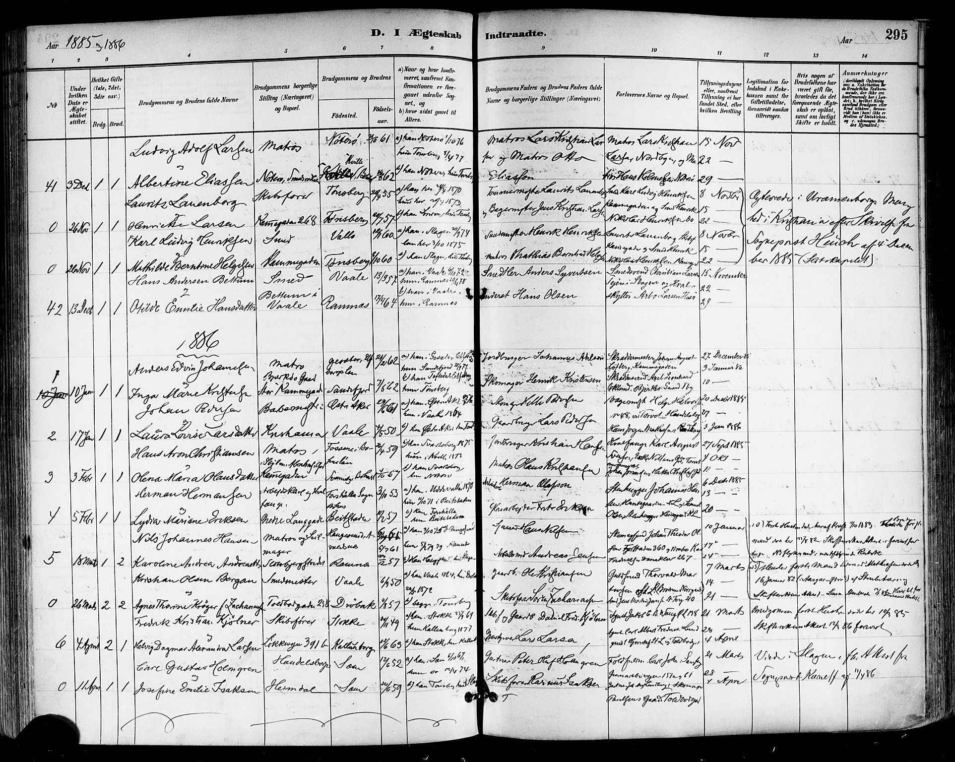 Tønsberg kirkebøker, AV/SAKO-A-330/F/Fa/L0011: Ministerialbok nr. I 11, 1881-1890, s. 295