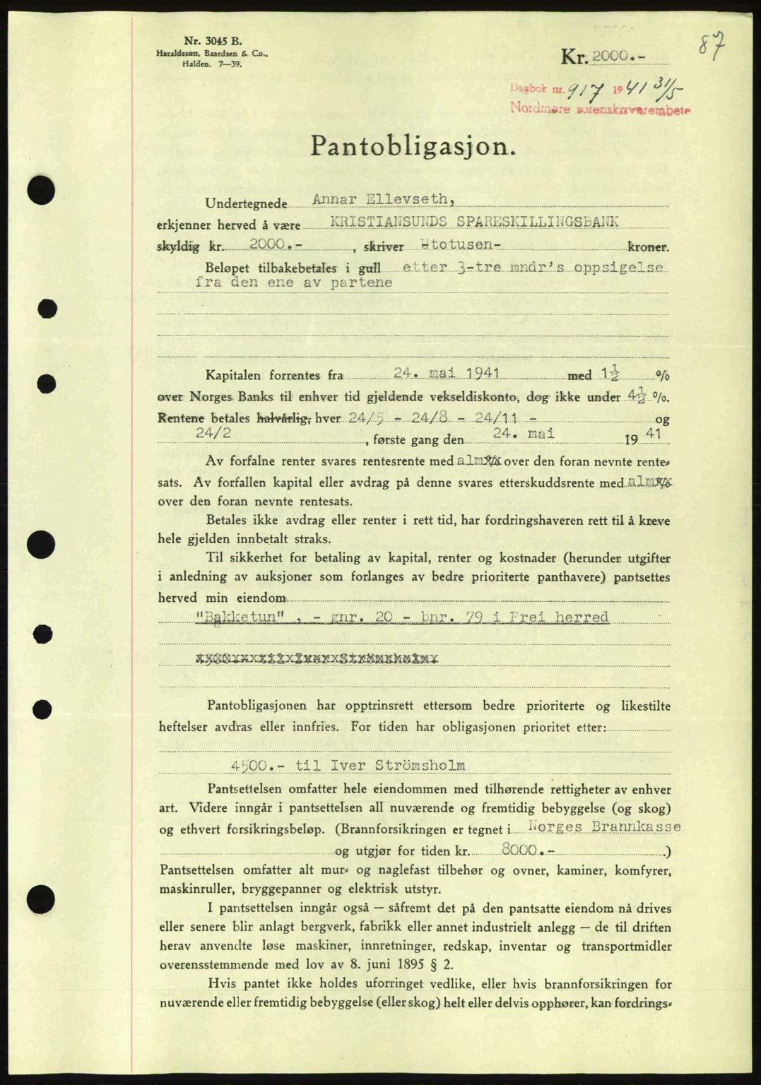 Nordmøre sorenskriveri, SAT/A-4132/1/2/2Ca: Pantebok nr. B88, 1941-1942, Dagboknr: 917/1941